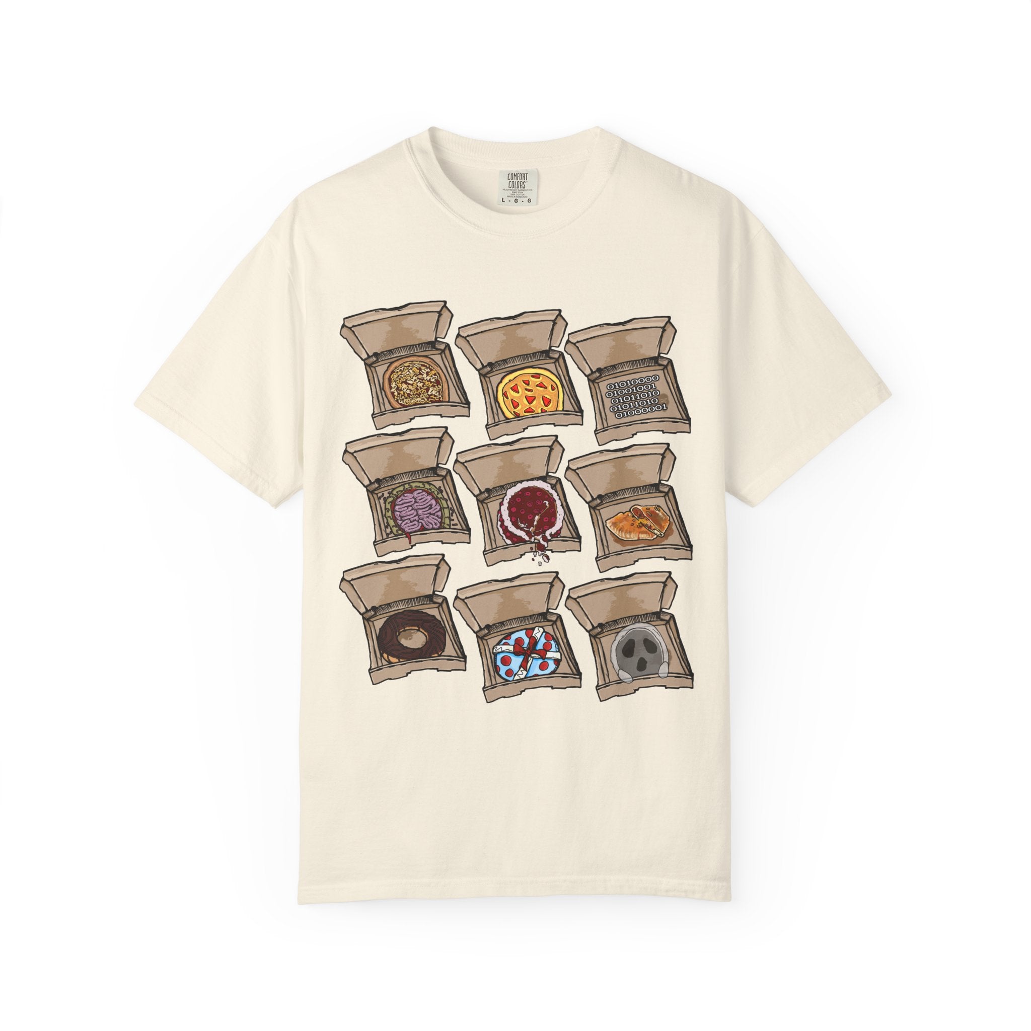 Hand-drawn PizzaBytes Set #1 t-shirt showing a 3x3 grid of open pizza boxes with brain pizza, ghost pizza, donut, binary code and more weird designs from PizzaBytes collection

