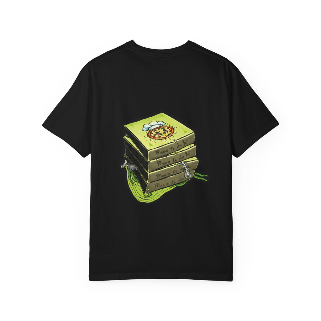 Hand-drawn PizzaBytes Set #2 t-shirt showing a 3x3 grid of open pizza boxes with various weird designs like ice pizza , jelly and bird nest from PizzaBytes collection

