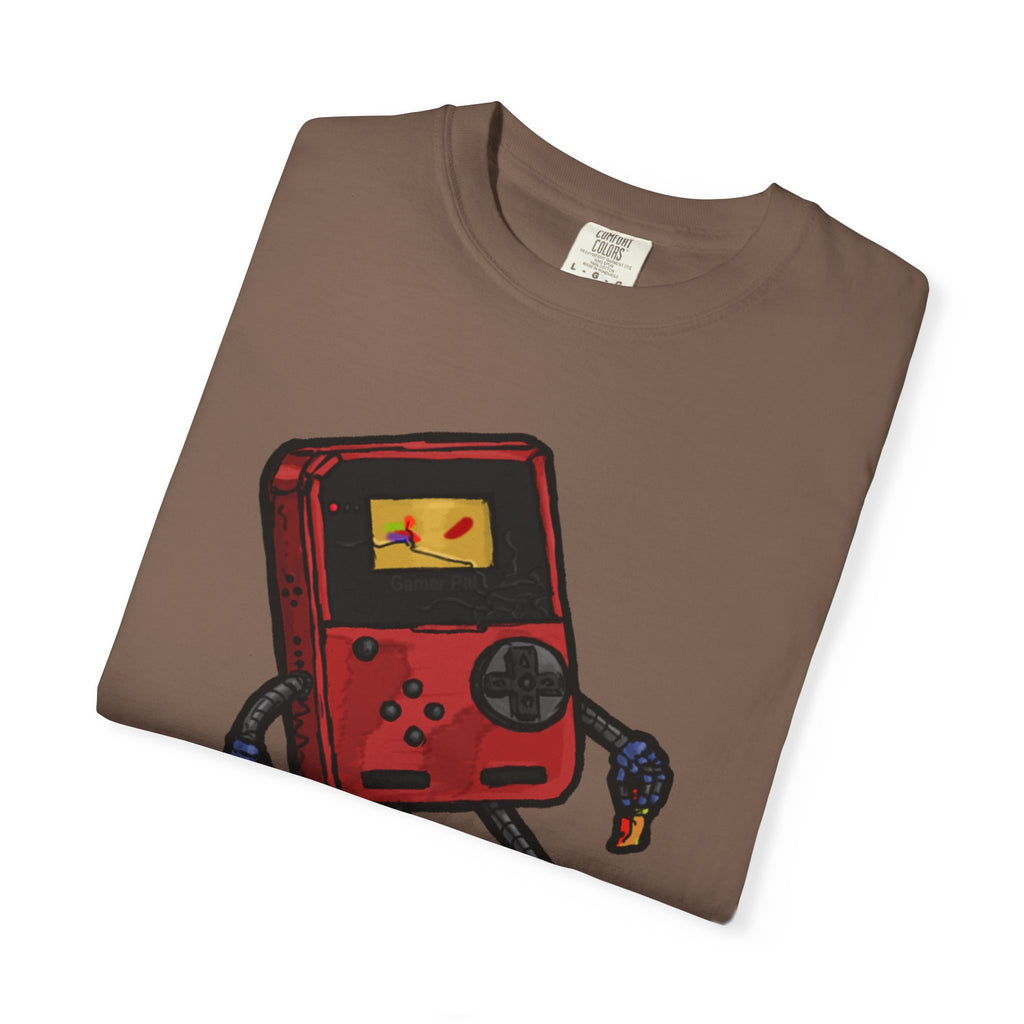 GamerPal t-shirt from Freaky Features showing a red Game Console turned into a walking pizza monster with mechanical limbs on dark gray tee

