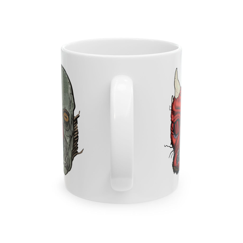 Freaky Features Iceman Devil Fishman mug showing three monster designs: blue icy skull with red goggles, red horned demon, and grotesque fishman head on white ceramic mug

