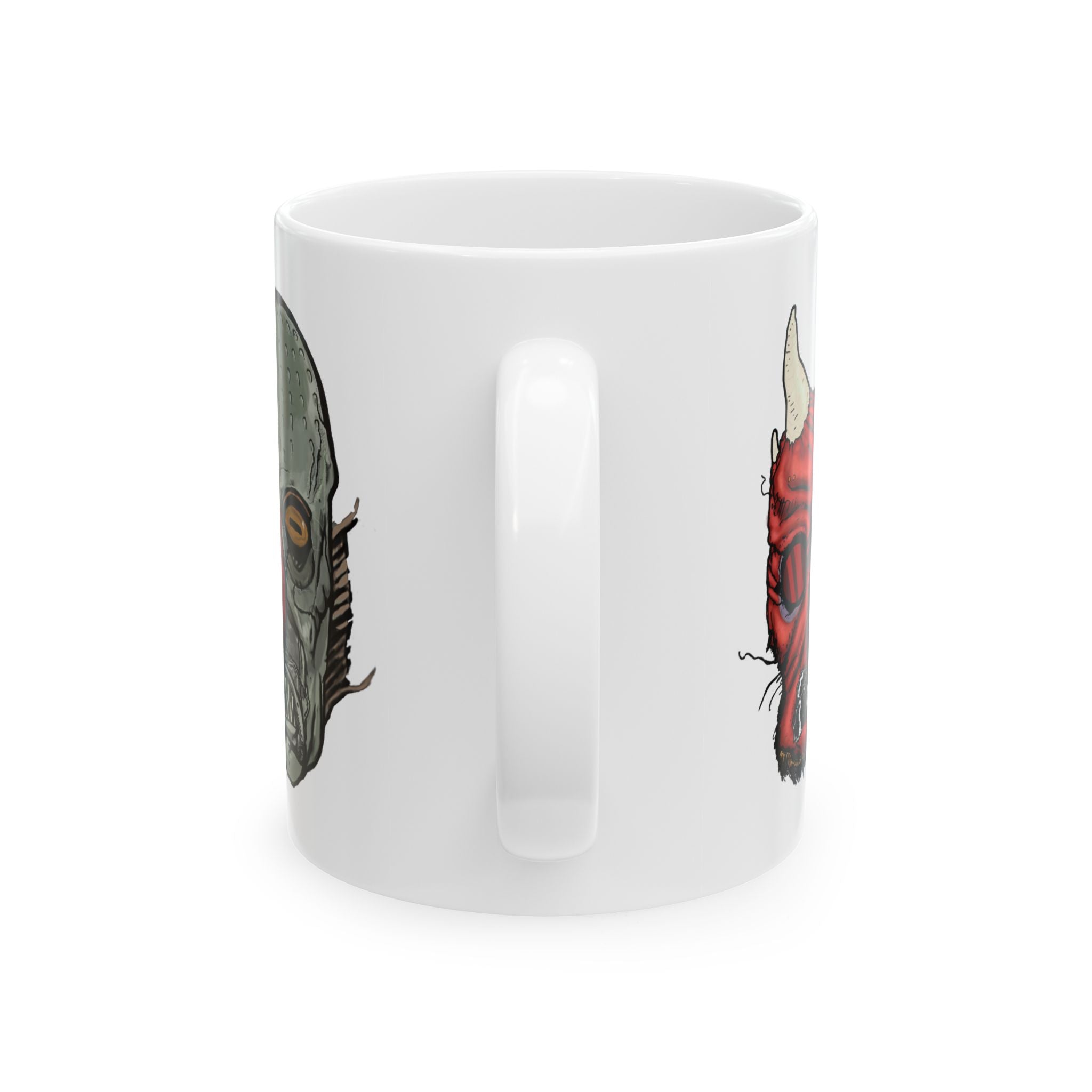 Freaky Features Iceman Devil Fishman mug showing three monster designs: blue icy skull with red goggles, red horned demon, and grotesque fishman head on white ceramic mug

