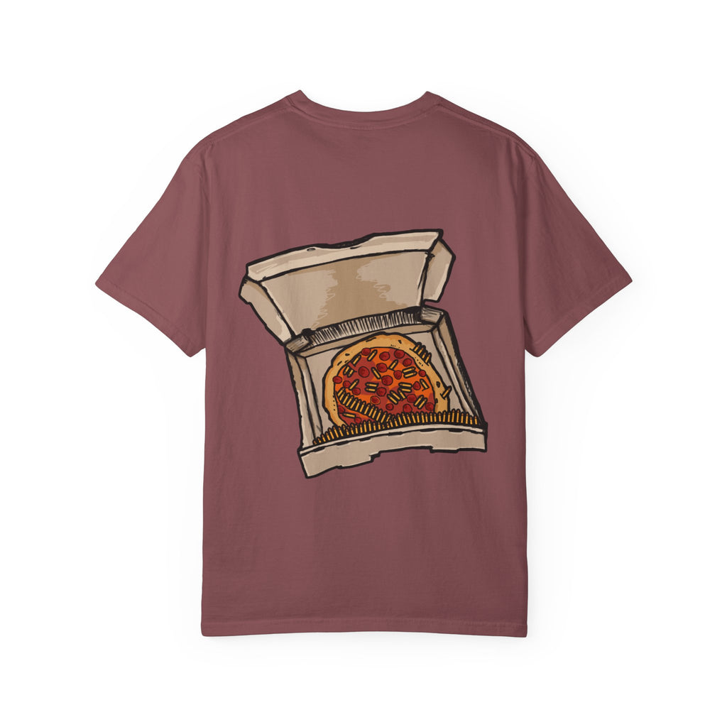 Freaky Features Flaming Skull t-shirt, front shows flaming skull with hypnotic eyes and chili nose, back shows open pizza box with loaded pepperoni pizza
