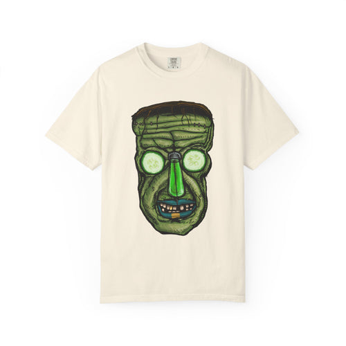 Freaky Features Franky t-shirt, front shows Frankenstein-style monster head with cucumber eyes and poison vial nose, back shows monster-headed pizza box with green pizza frisbee