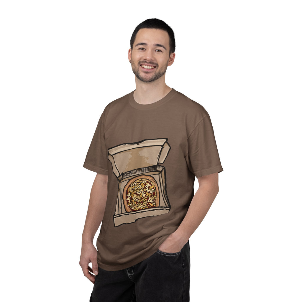Hand-drawn noodle pizza box t-shirt showing open pizza box with pizza topped with crispy noodles from PizzaBytes collection

