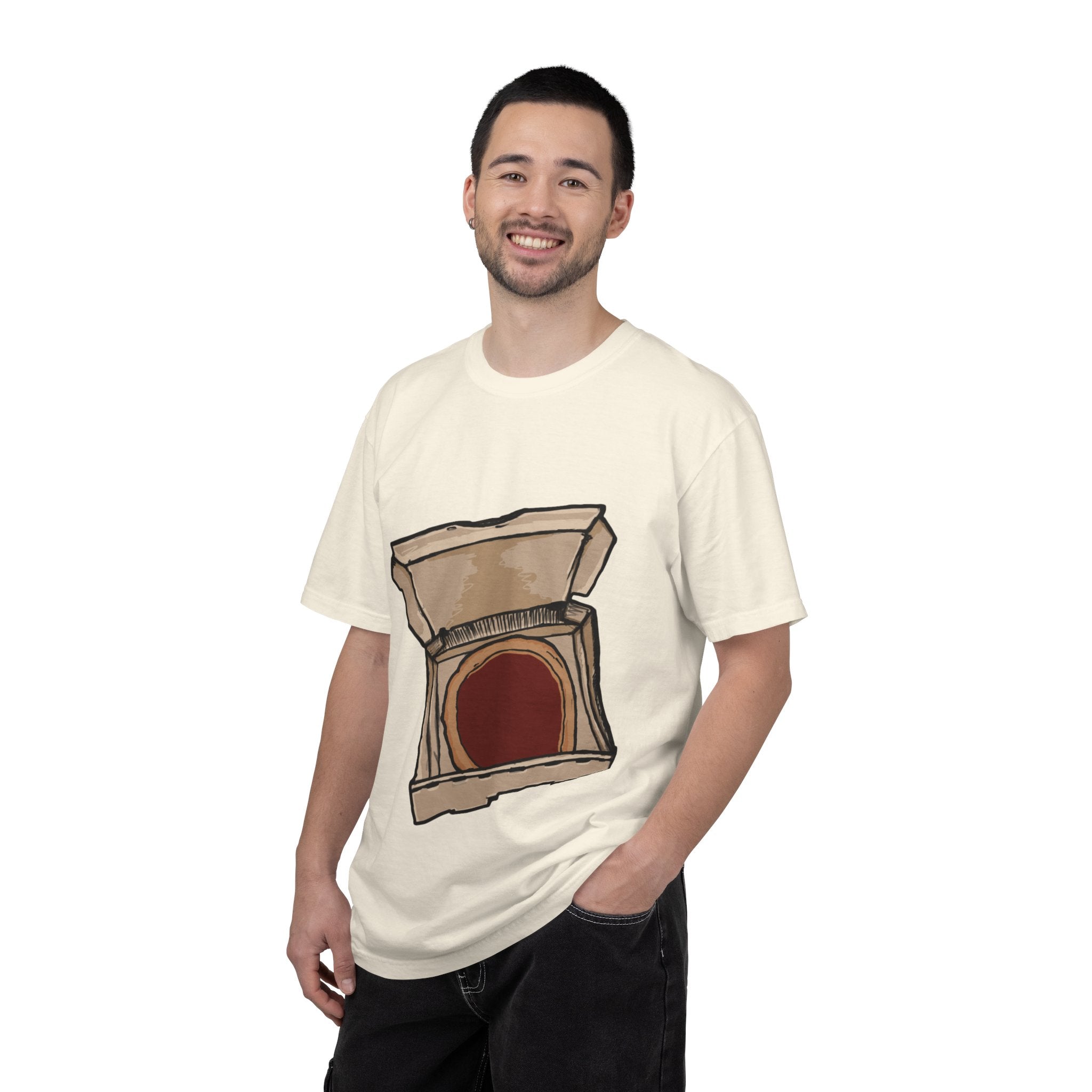 Hand-drawn red sauce pizza box t-shirt showing open pizza box with red sauce pizza from PizzaBytes collection

