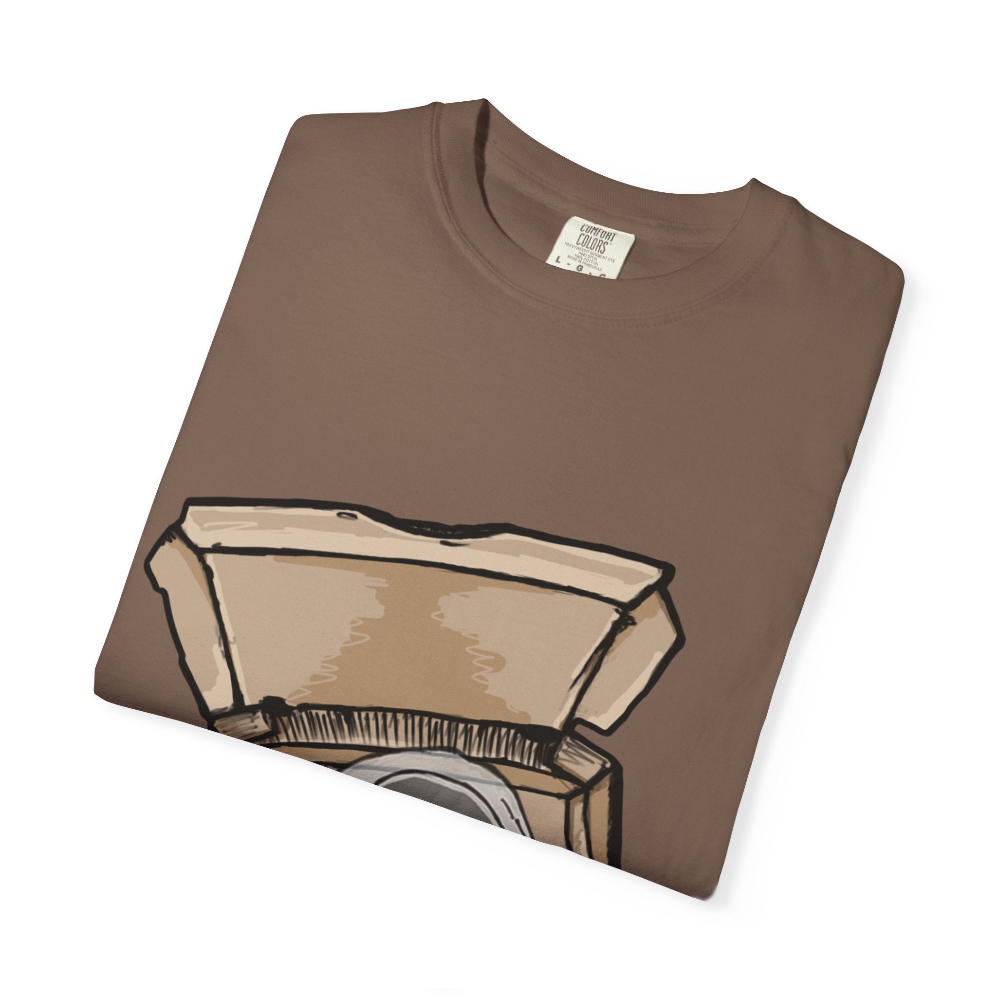 Hand-drawn ghost pizza box t-shirt showing open pizza box with a spooky ghost inside from PizzaBytes collection

