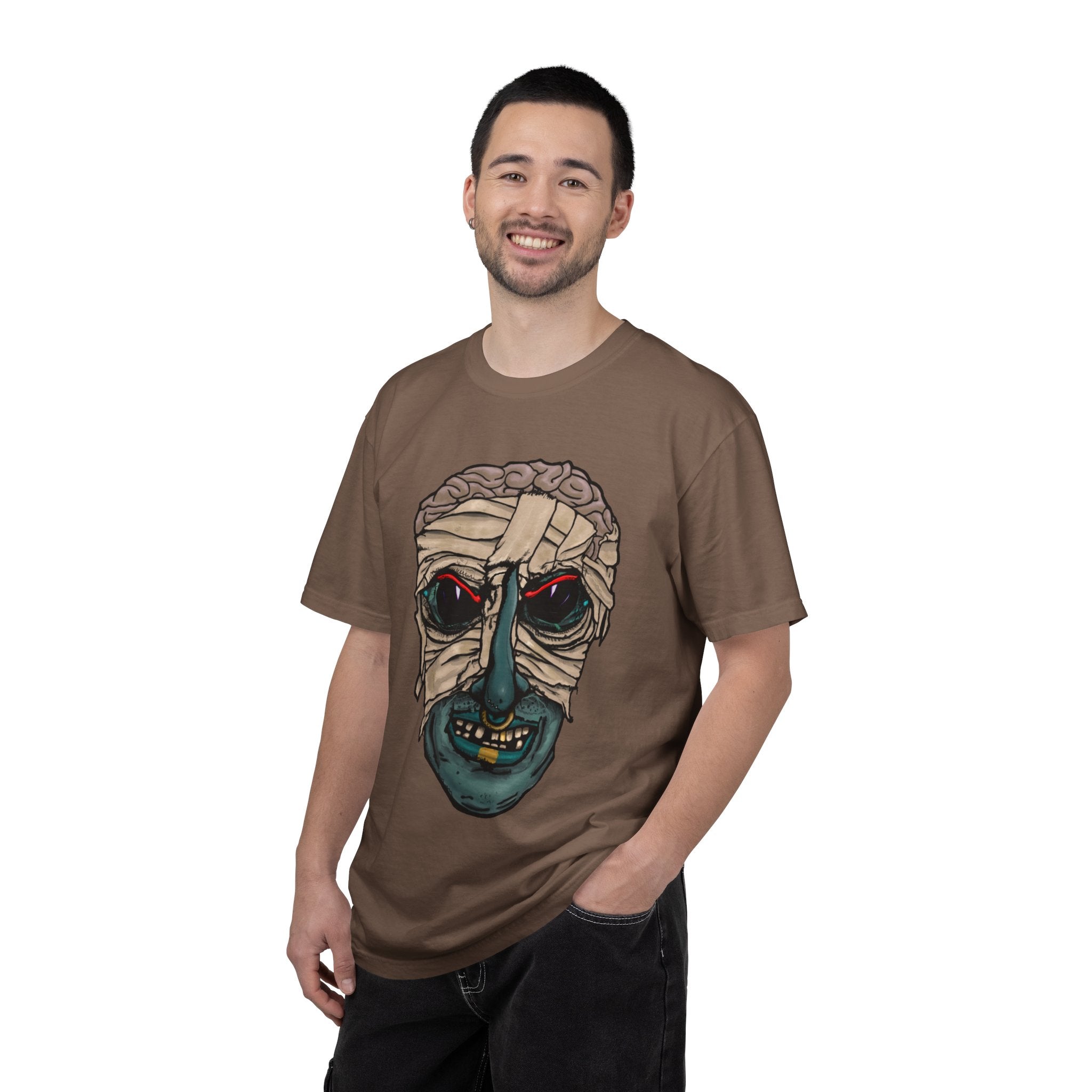 Freaky Features Mummy t-shirt, front shows bandaged mummy head with exposed brain and glowing eyes, back shows open pizza box with brain pizza and worms
