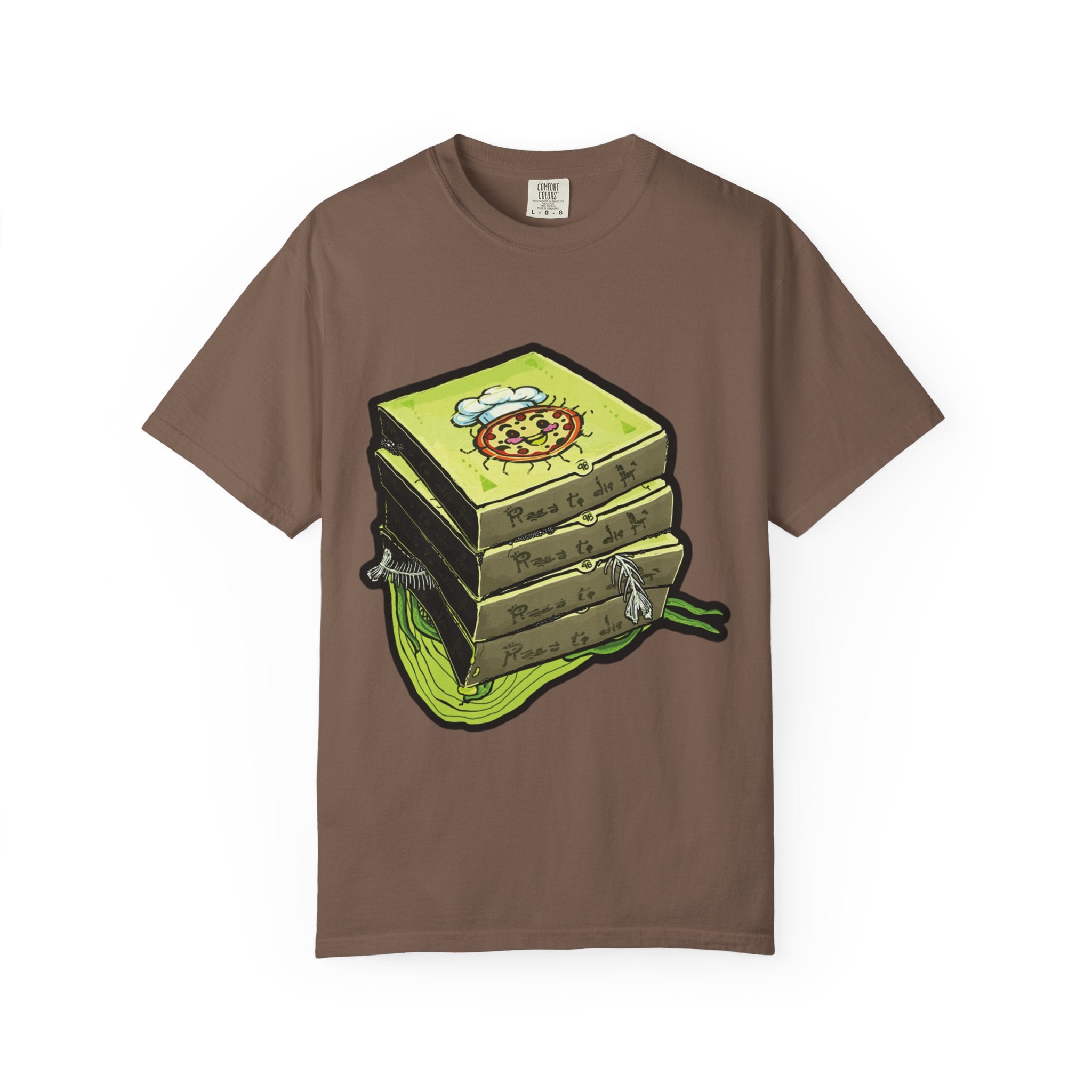 Hand-drawn toxic pizza stack t-shirt with glowing green pizza character and slimy tentacle on tee from PizzaBytes collection