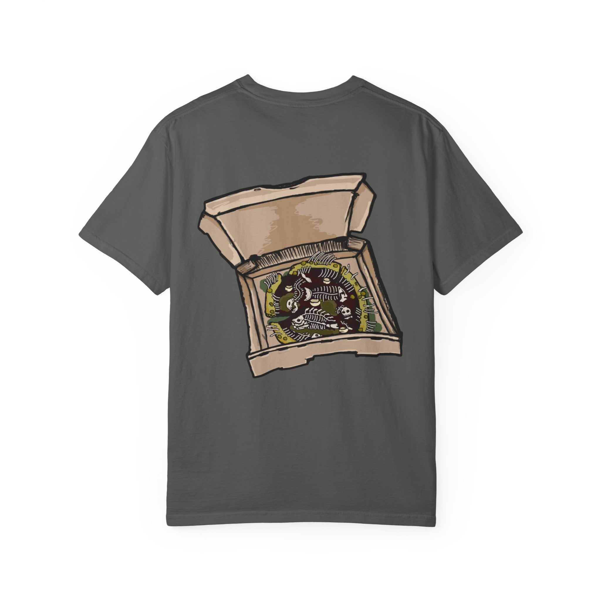 Freaky Features Fishman t-shirt, front shows grotesque fishman with orange eyes and red nose, back shows open pizza box with sewer pizza and skeletons
