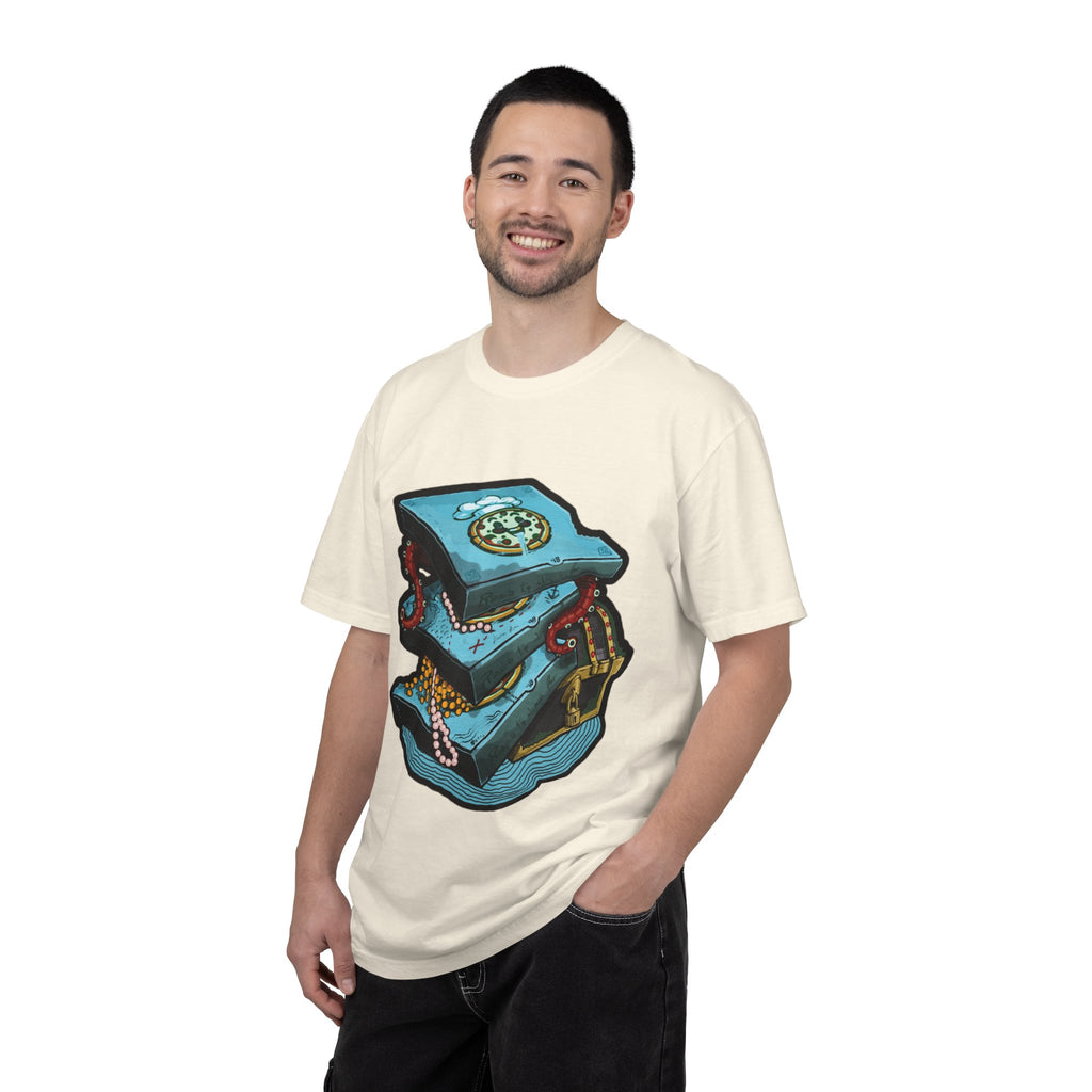 Hand-drawn pizza treasure chest t-shirt with stacked pizza boxes, gold coins, pearls, red octopus tentacles and pirate chest on Comfort Colors tee from PizzaBytes collection