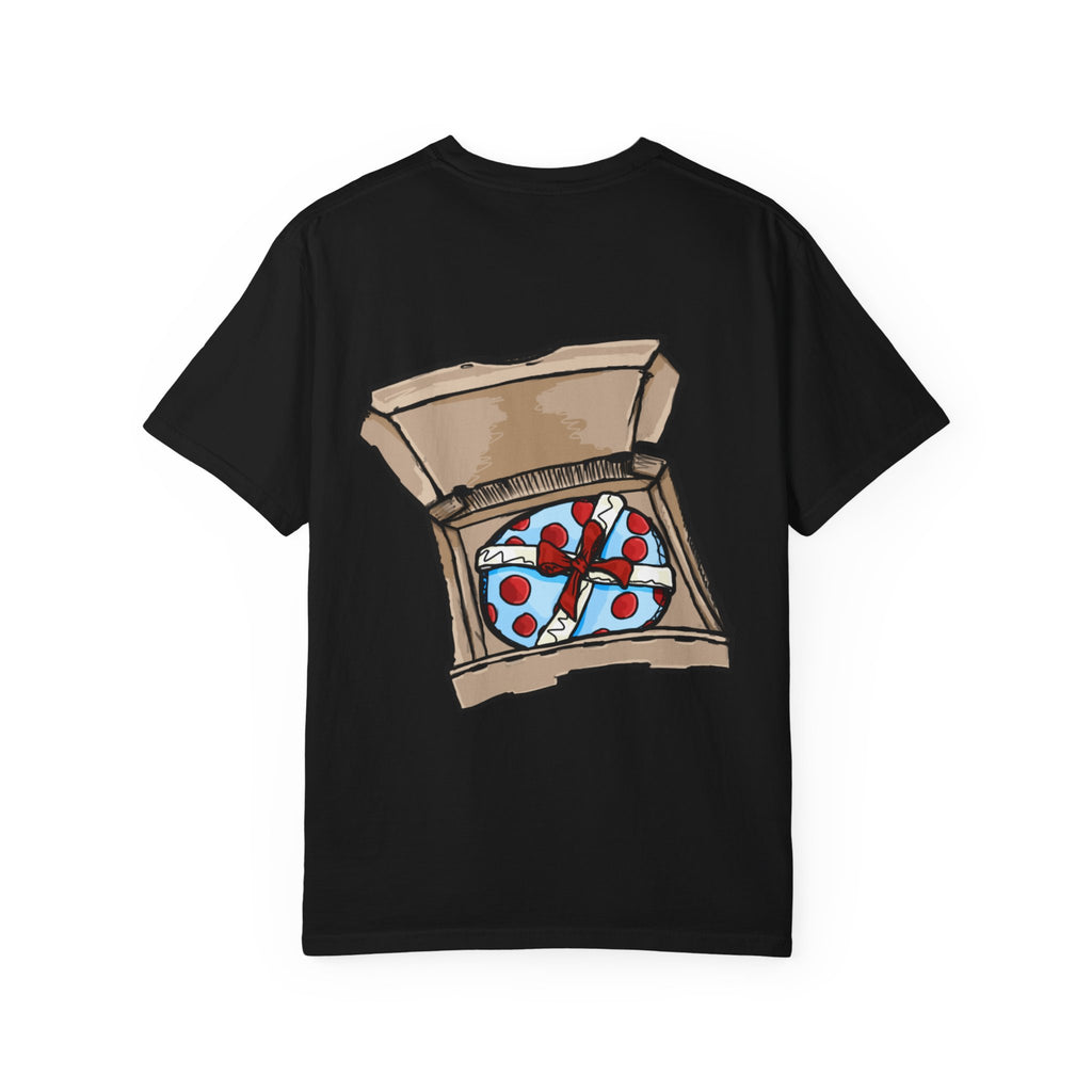 Freaky Features Gremlin t-shirt, front shows grotesque gremlin head with yellow hair and long tongue, back shows open pizza box with wrapped gift inside
