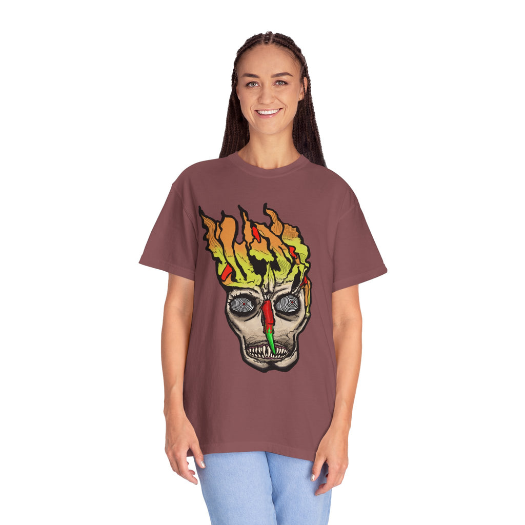 Freaky Features Flaming Skull t-shirt, front shows flaming skull with hypnotic eyes and chili nose, back shows open pizza box with loaded pepperoni pizza
