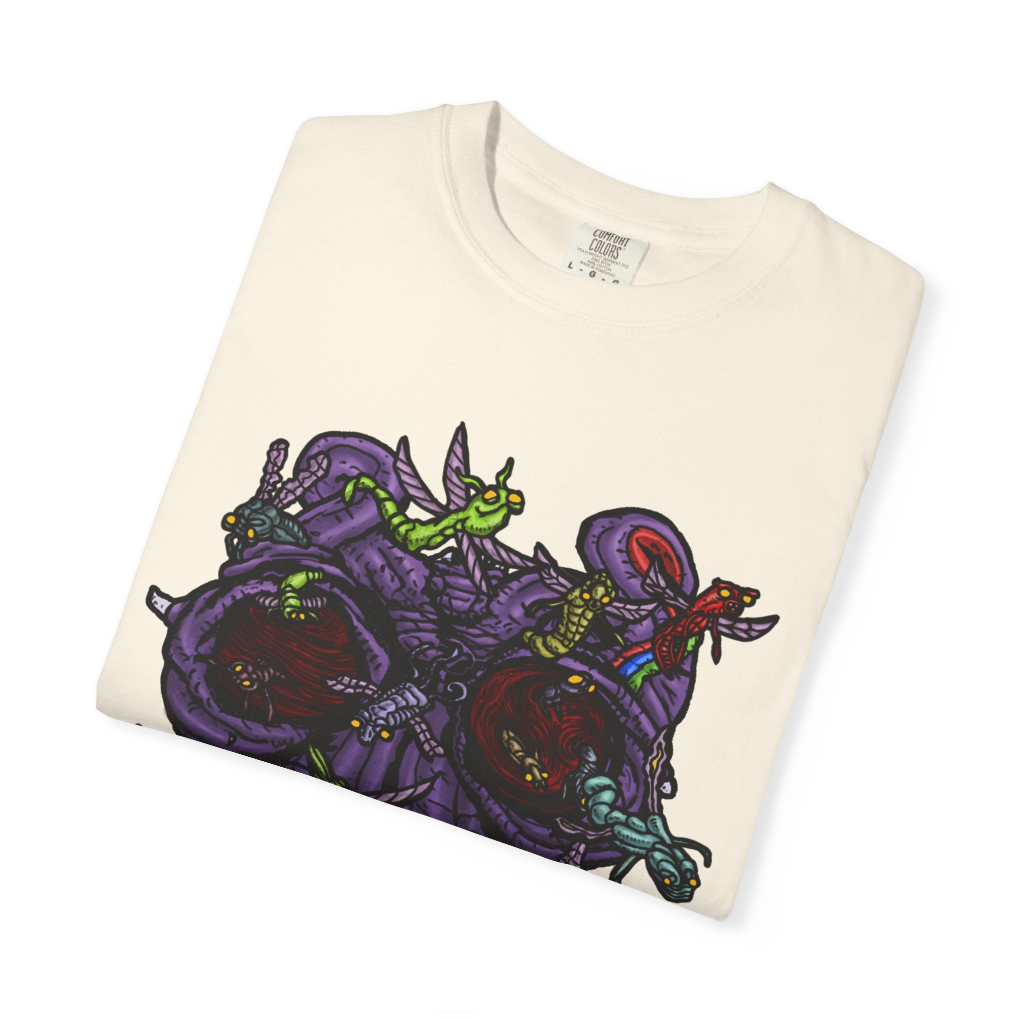 Freaky Features Alien t-shirt, front shows chaotic purple alien tentacles and insect swarm, back shows open pizza box designed as retro TV with pepperoni pizza inside


