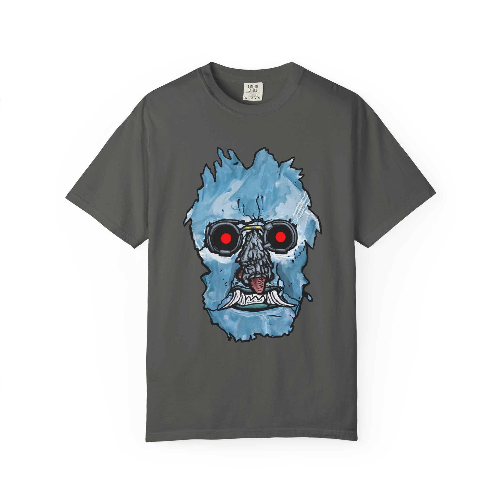 Freaky Features Iceman t-shirt, front shows frozen ice monster head with red goggles and fangs, back shows open pizza box with ice pizza inside
