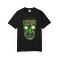 Freaky Features Franky t-shirt, front shows Frankenstein-style monster head with cucumber eyes and poison vial nose, back shows monster-headed pizza box with green pizza frisbee