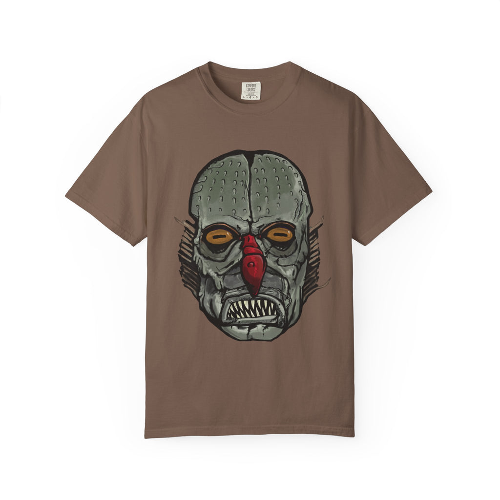 Freaky Features Fishman t-shirt, front shows grotesque fishman with orange eyes and red nose, back shows open pizza box with sewer pizza and skeletons
