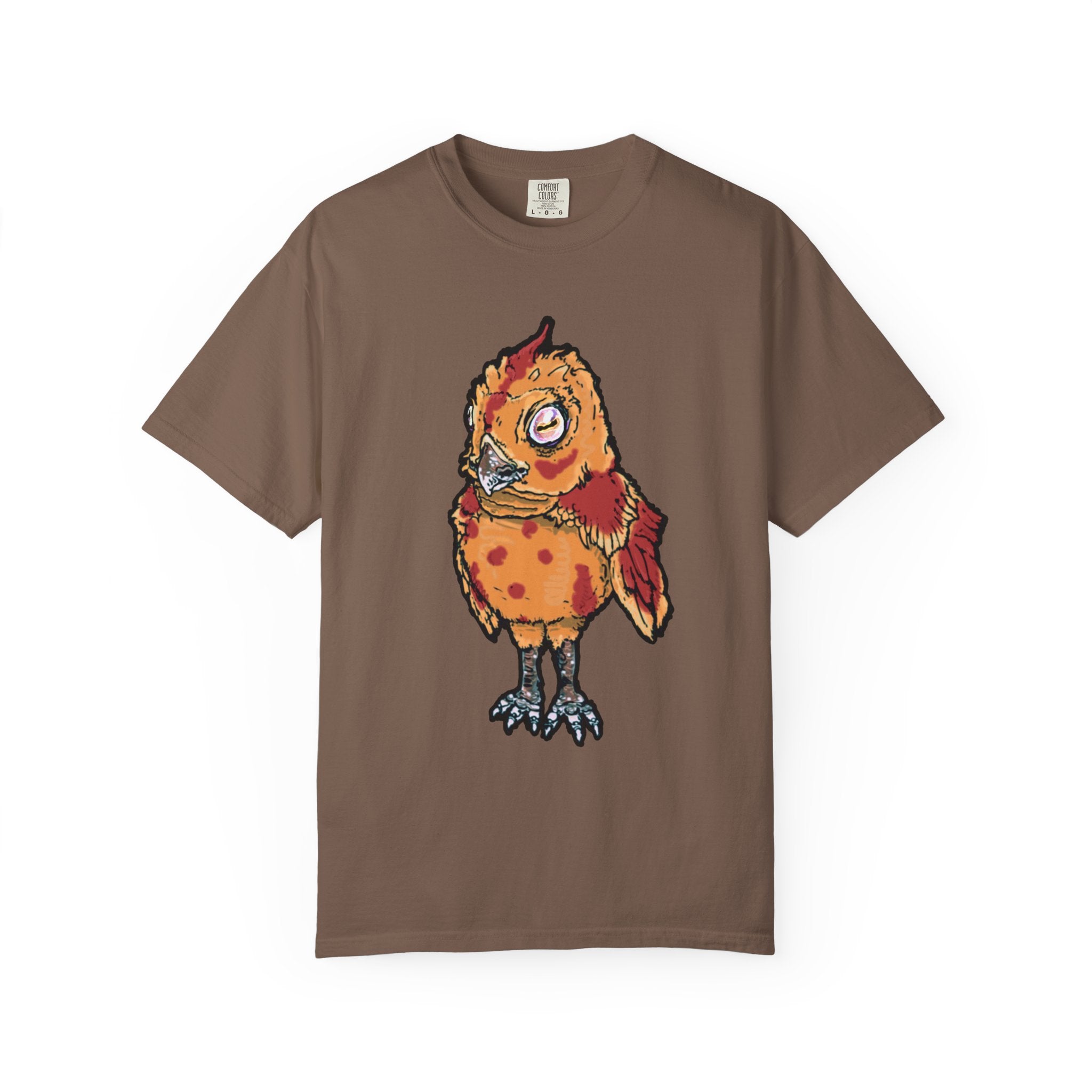Hand-drawn spotted pizza owl monster t-shirt with melted cheese spots, pepperoni red markings and big multicolored eye tee from PizzaBytes collection