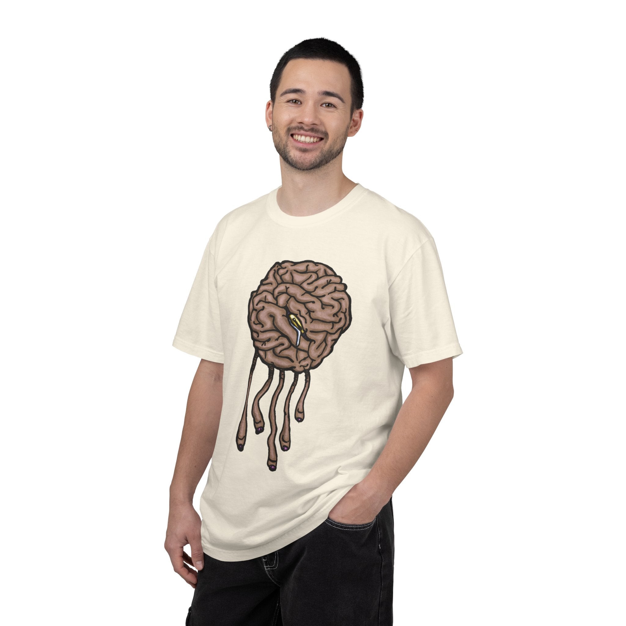 Freaky Features Sad Brian t-shirt, front shows a sad dripping brain monster with tentacles, back shows an open pizza box with half-eaten cake dripping
