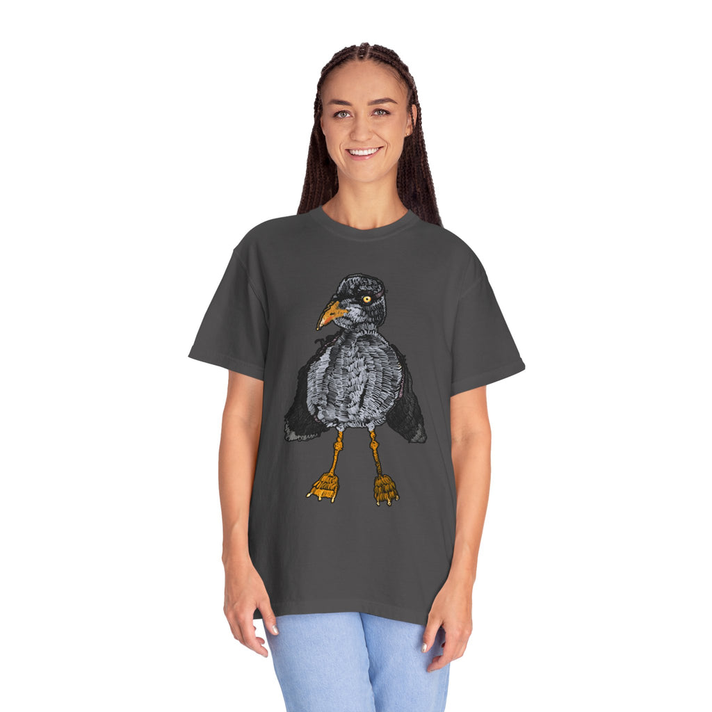 Hand-drawn crocheted staring seagull t-shirt with textured feathers, intense yellow eye and orange legs on Comfort Colors tee from PizzaBytes collection
