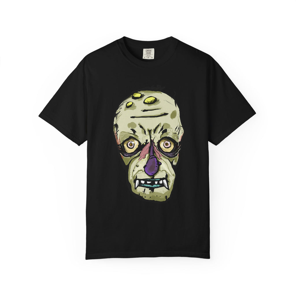 Freaky Features Gremlin t-shirt, front shows grotesque gremlin head with yellow hair and long tongue, back shows open pizza box with wrapped gift inside
