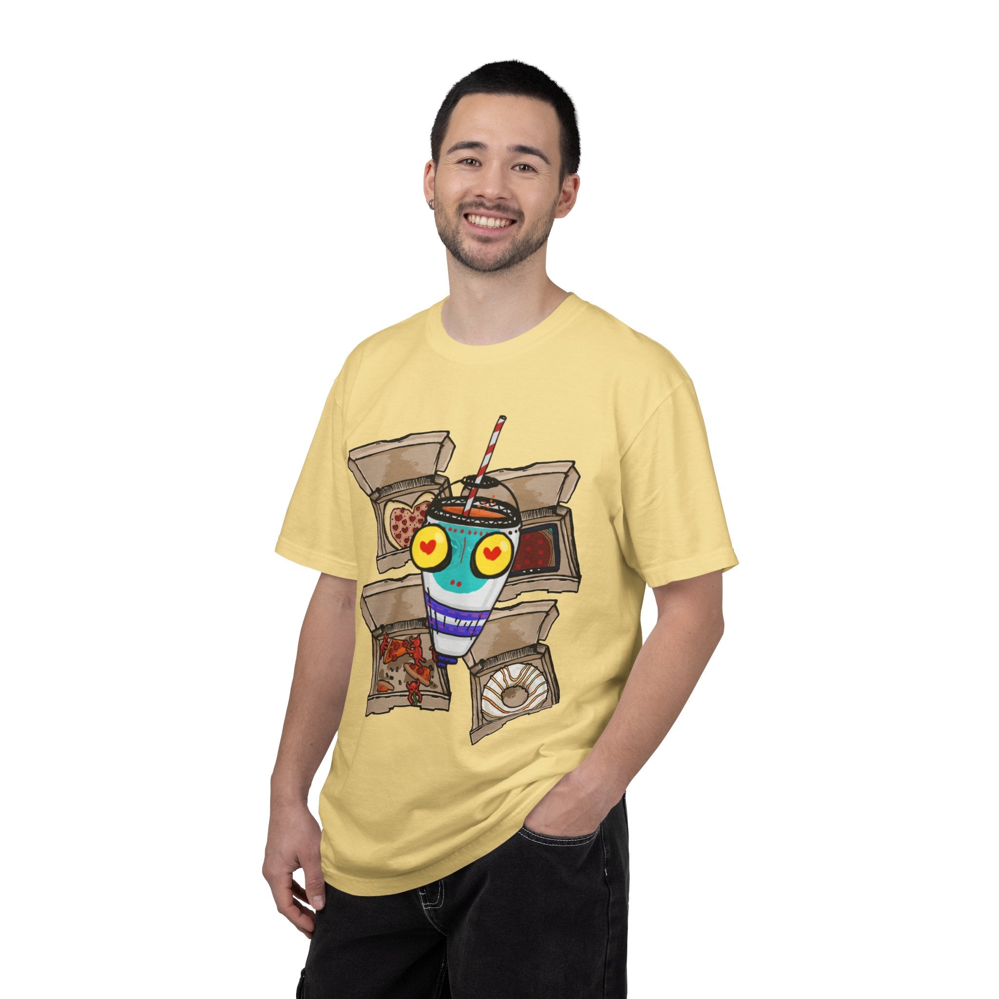 Hand-drawn PizzaBytes Set #4 t-shirt showing a cute blue soda cup monster with heart eyes in front of multiple open pizza boxes from PizzaBytes collection

