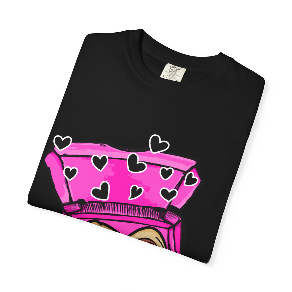 Hand-drawn heart pizza box t-shirt with pink pizza box, heart-shaped pepperoni pizza and floating black hearts on Comfort Color tee from PizzaBytes collection
