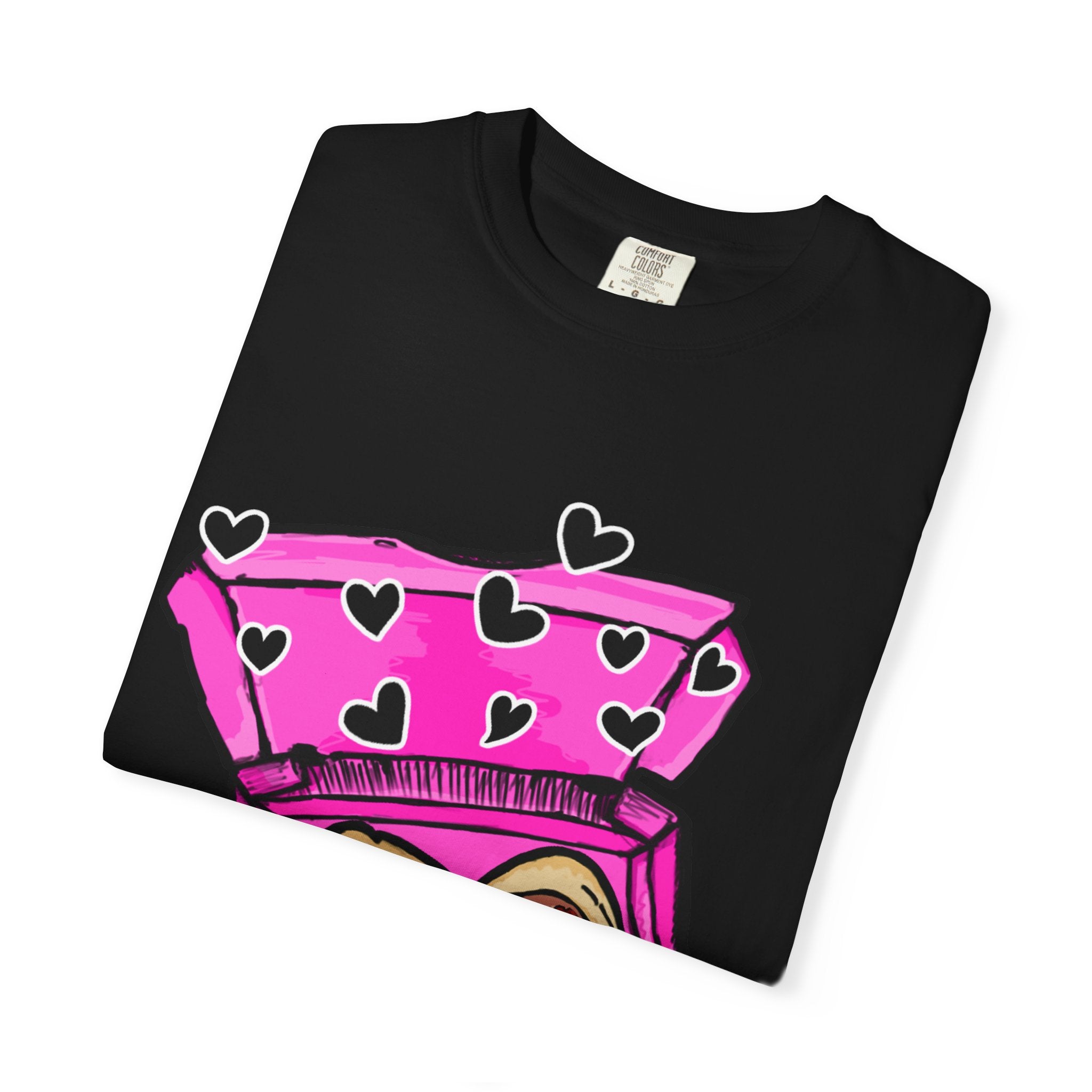 Hand-drawn heart pizza box t-shirt with pink pizza box, heart-shaped pepperoni pizza and floating black hearts on Comfort Color tee from PizzaBytes collection
