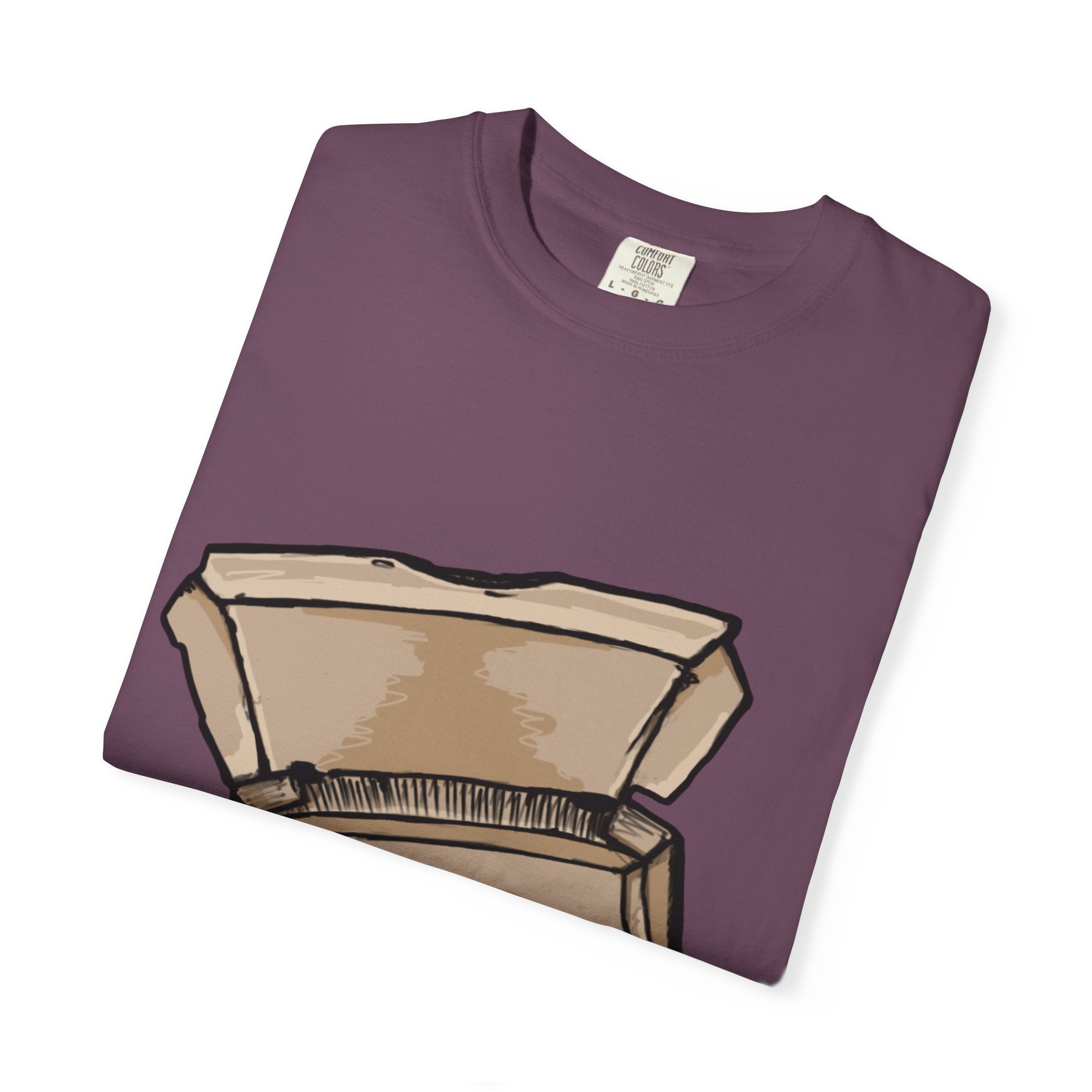 Hand-drawn empty pizza box t-shirt showing open box with grease stains on Comfort tee from PizzaBytes collection
