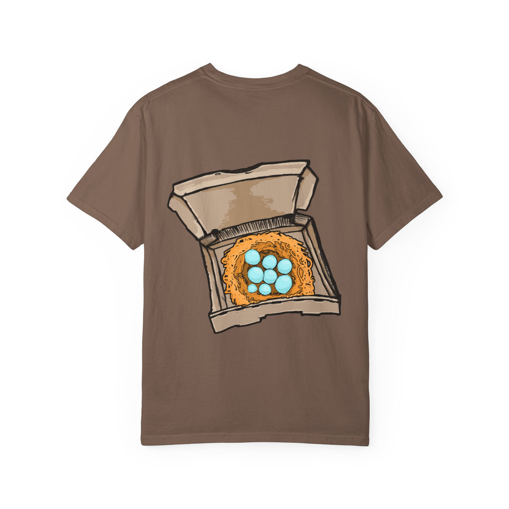Freaky Features HorrorBird t-shirt, front shows deranged rooster head with long tongue, back shows open pizza box with bird nest and blue eggs
