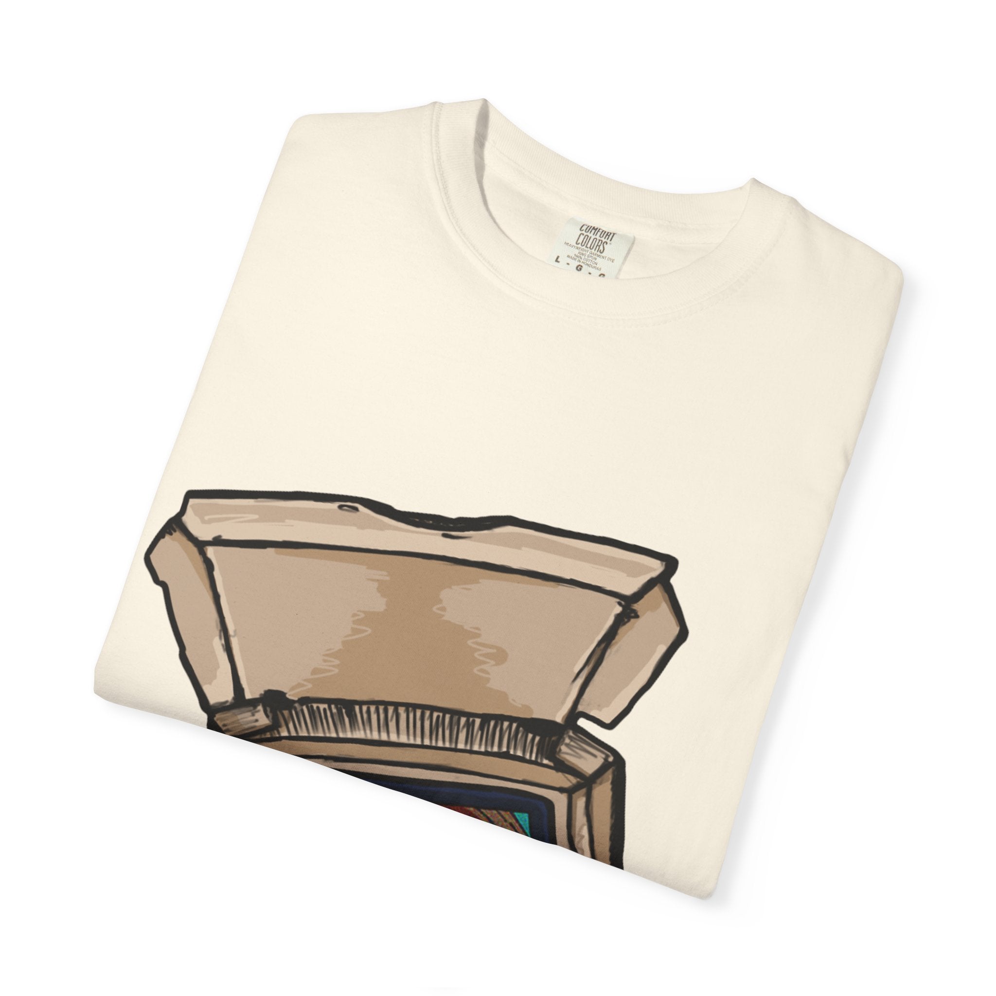 Hand-drawn TV pizza box t-shirt showing open pizza box turned into a retro television with pepperoni pizza on the screen from PizzaBytes collection

