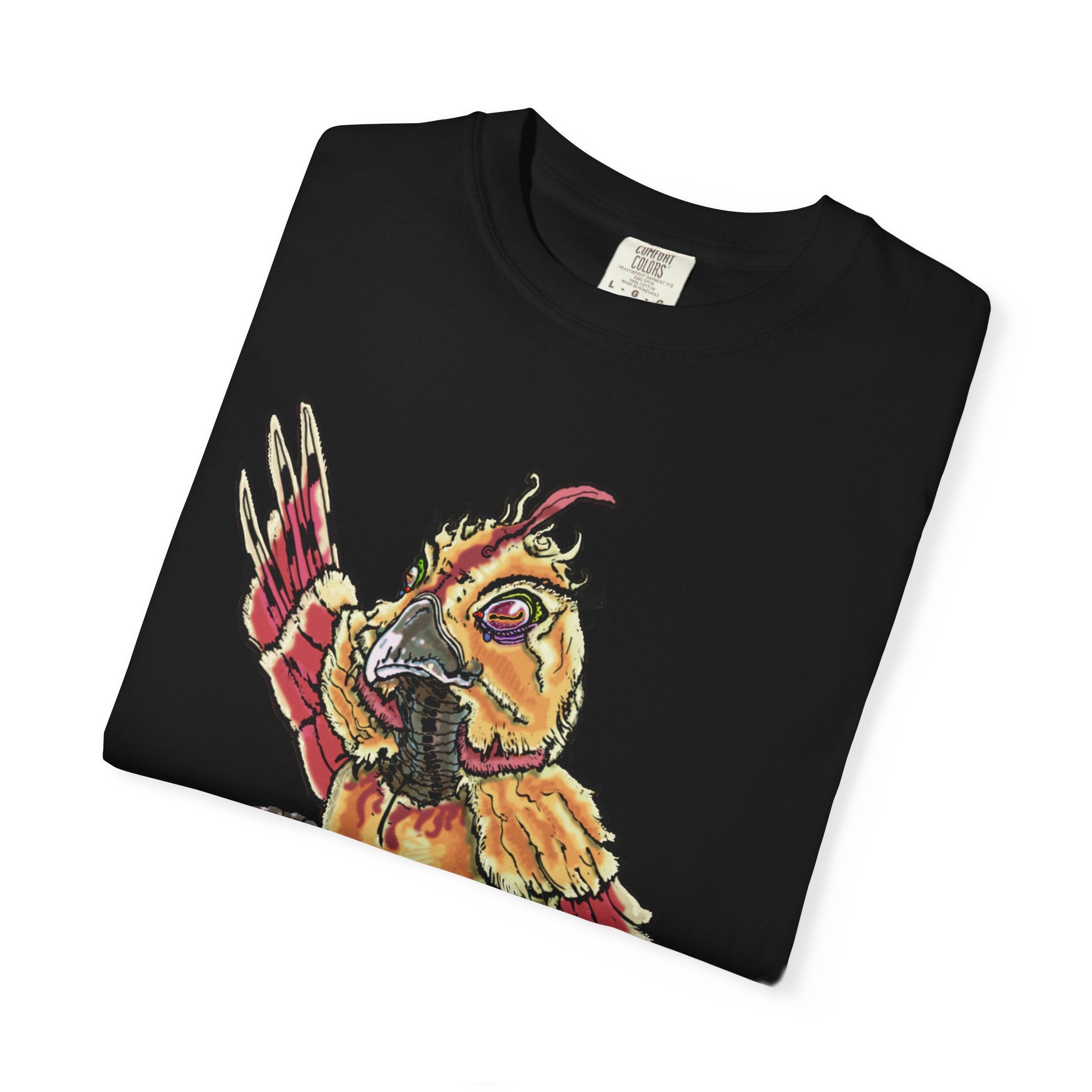 Fiery Inferno Phoenix Pizza Monster T-Shirt, Hand-drawn pizza phoenix with melted cheese flames, pepperoni wings, and glowing eyes on Comfort Colors tee from PizzaBytes collection
