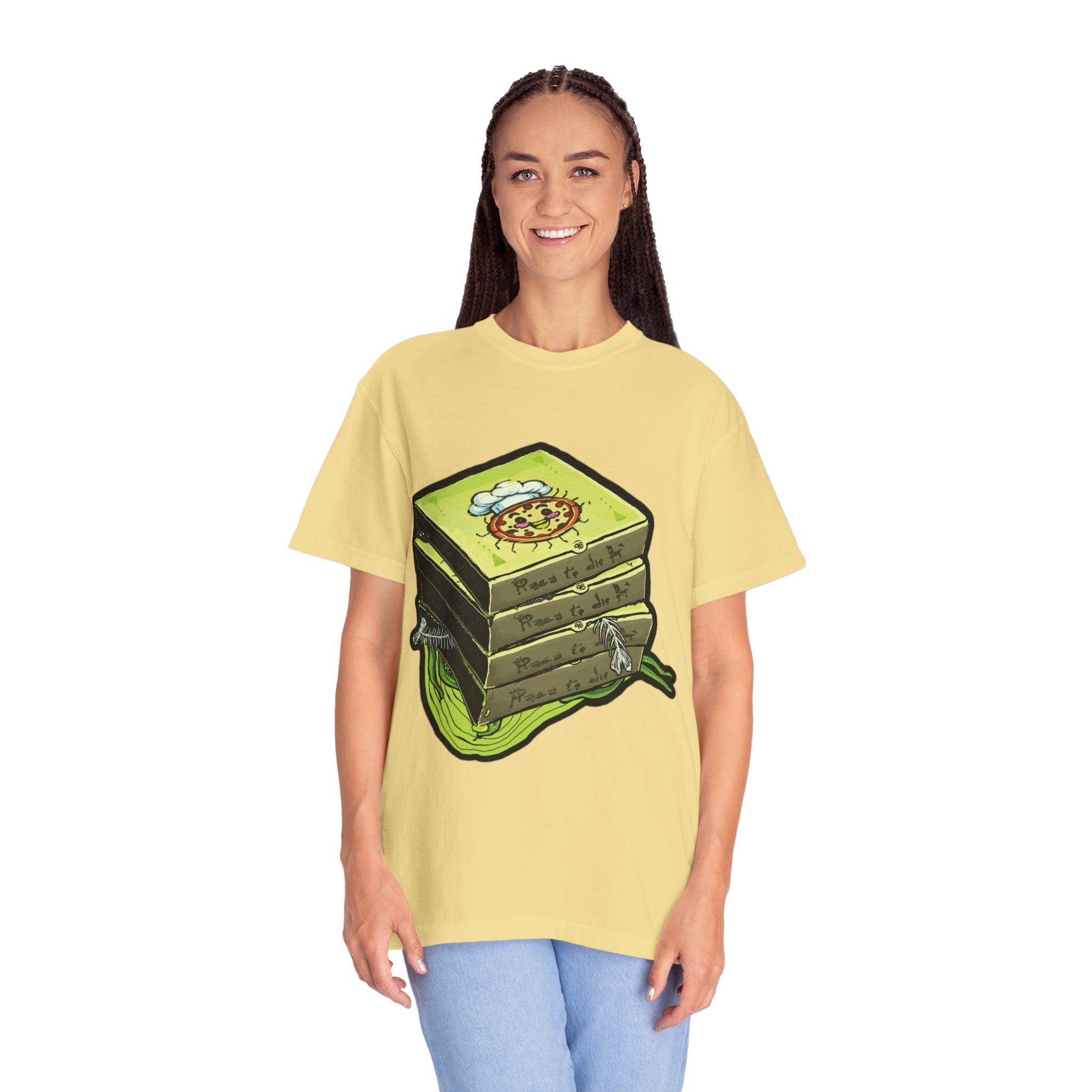 Hand-drawn toxic pizza stack t-shirt with glowing green pizza character and slimy tentacle on tee from PizzaBytes collection