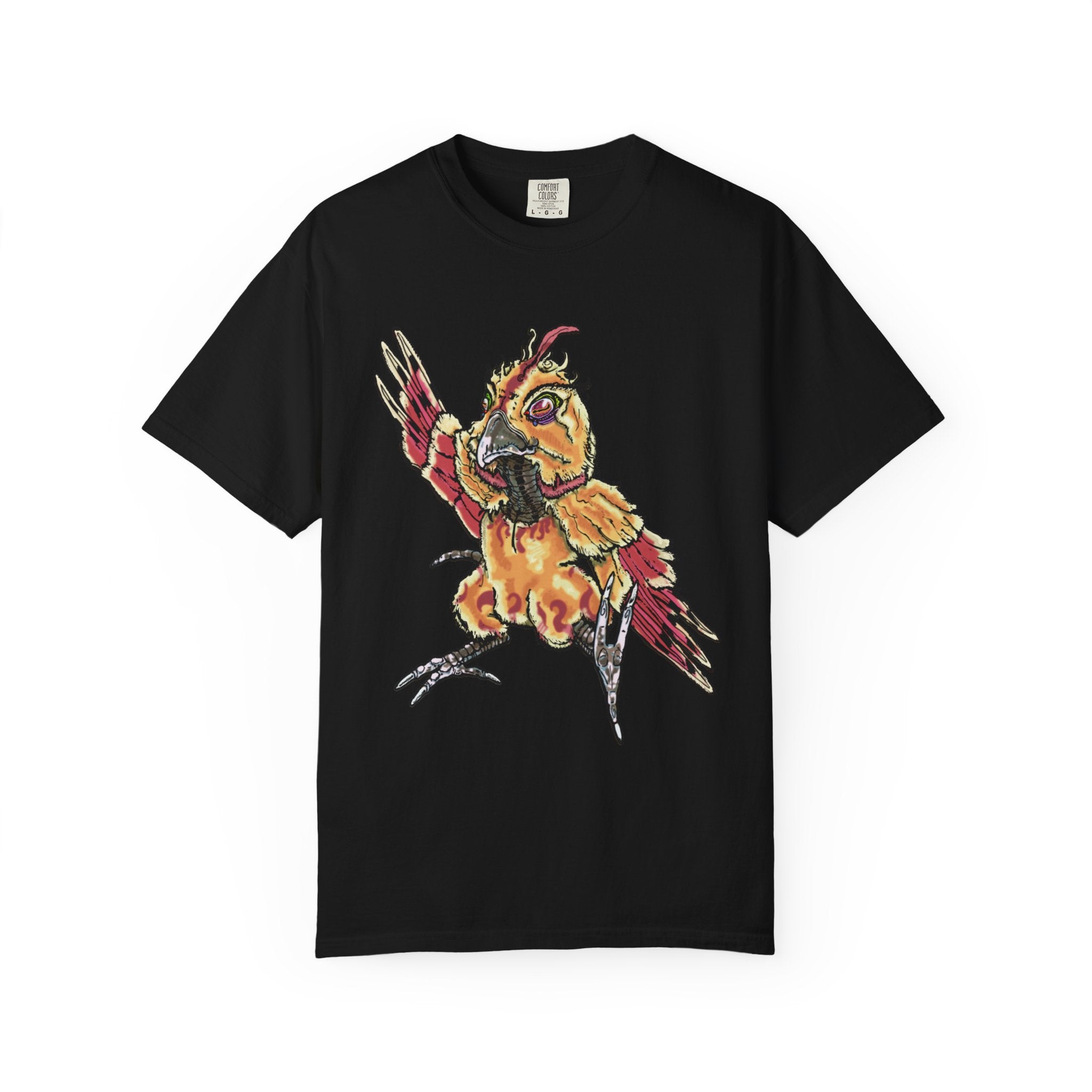 Fiery Inferno Phoenix Pizza Monster T-Shirt, Hand-drawn pizza phoenix with melted cheese flames, pepperoni wings, and glowing eyes on Comfort Colors tee from PizzaBytes collection
