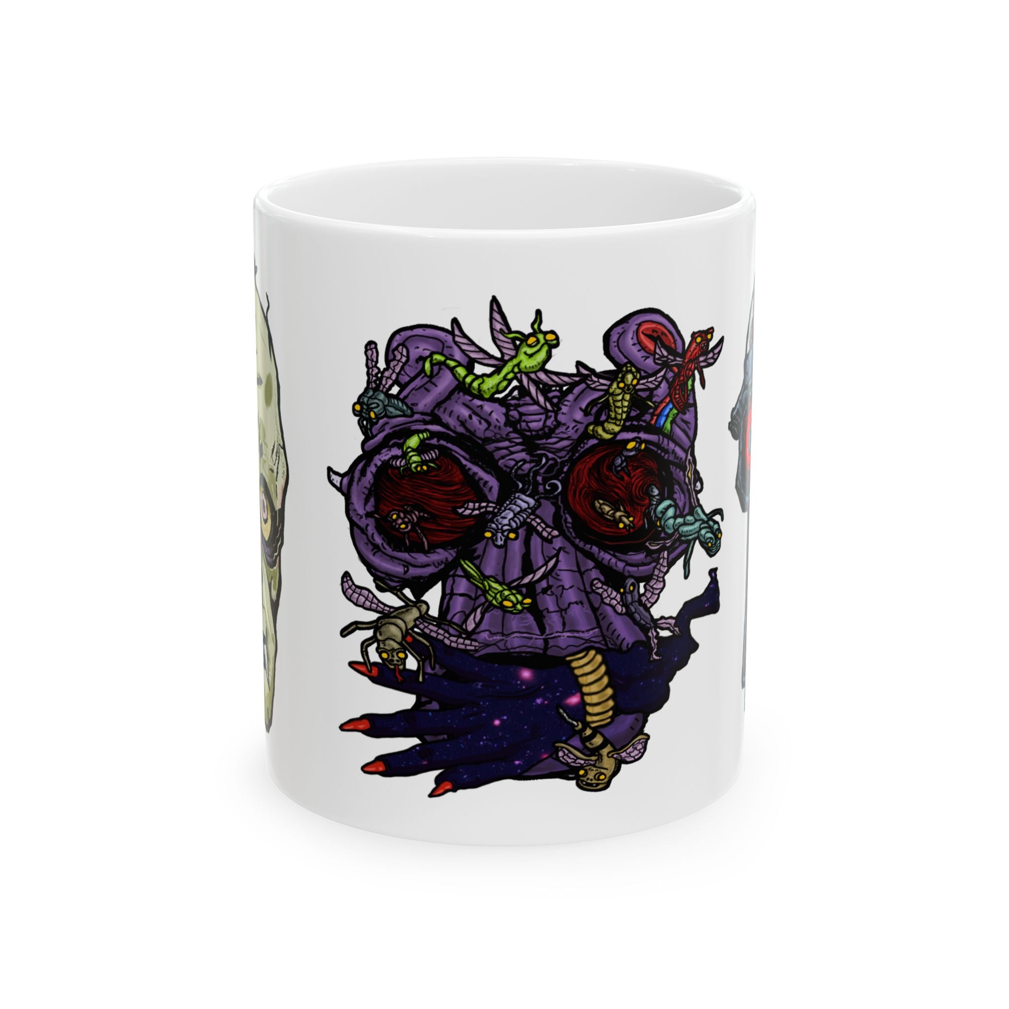 Freaky Features Gremlin Alien Robot mug showing three monster designs: wild-haired gremlin, purple alien swarm, and cybernetic robot skull with exposed brain on white ceramic mug

