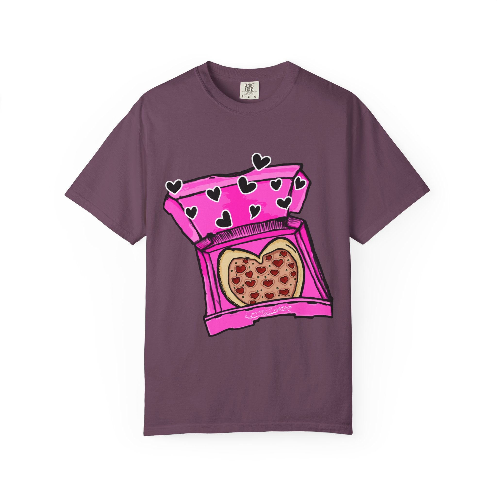 Hand-drawn heart pizza box t-shirt with pink pizza box, heart-shaped pepperoni pizza and floating black hearts on Comfort Color tee from PizzaBytes collection
