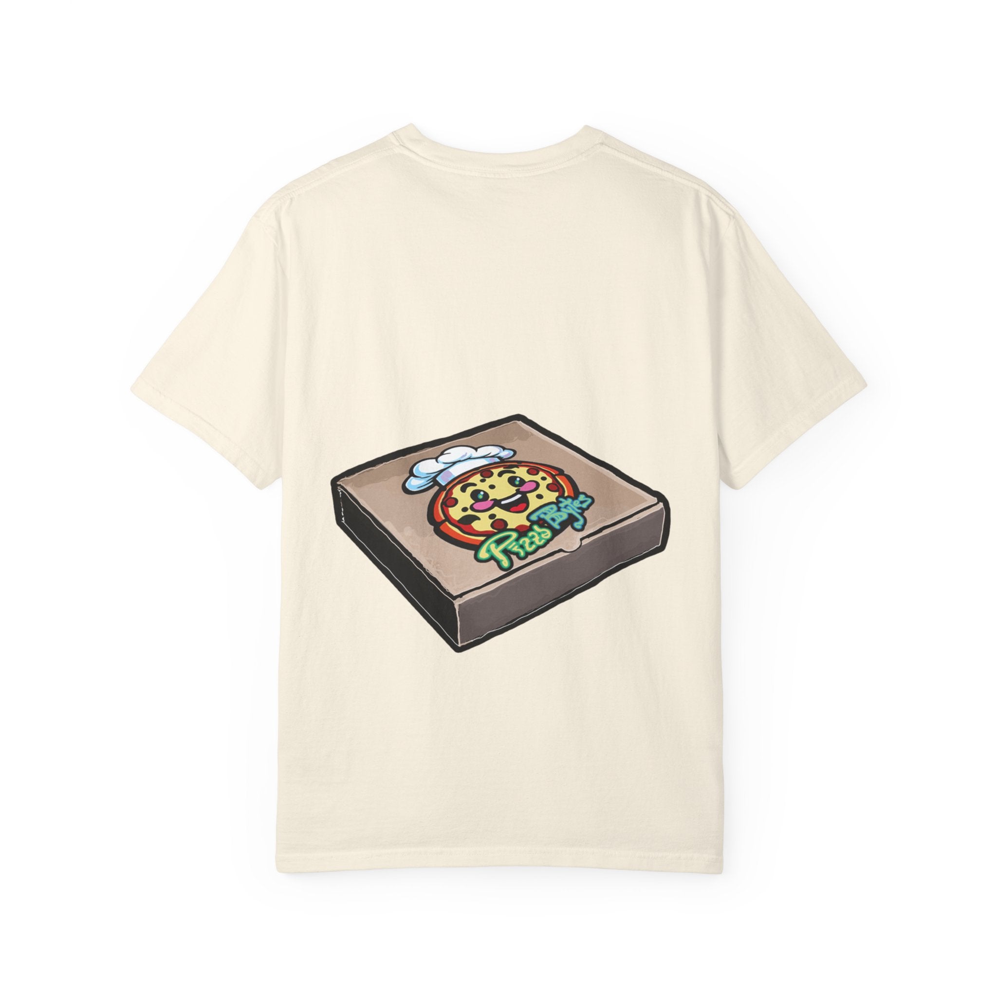 Fiery Inferno Phoenix Pizza Monster T-Shirt, Hand-drawn pizza phoenix with melted cheese flames, pepperoni wings, and glowing eyes on Comfort Colors tee from PizzaBytes collection
