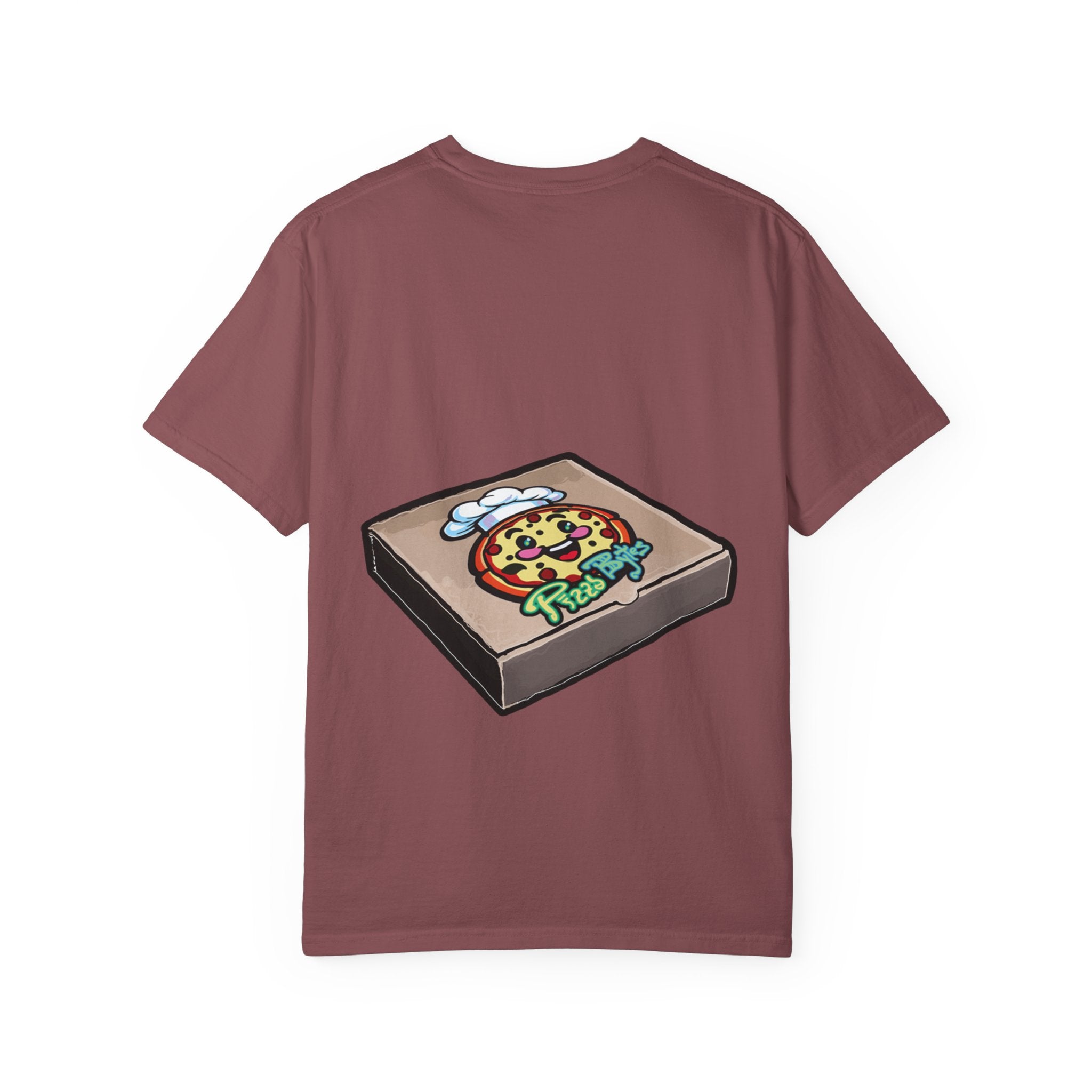 Hand-drawn donut pizza box t-shirt showing open pizza box with chocolate glazed donut from PizzaBytes collection

