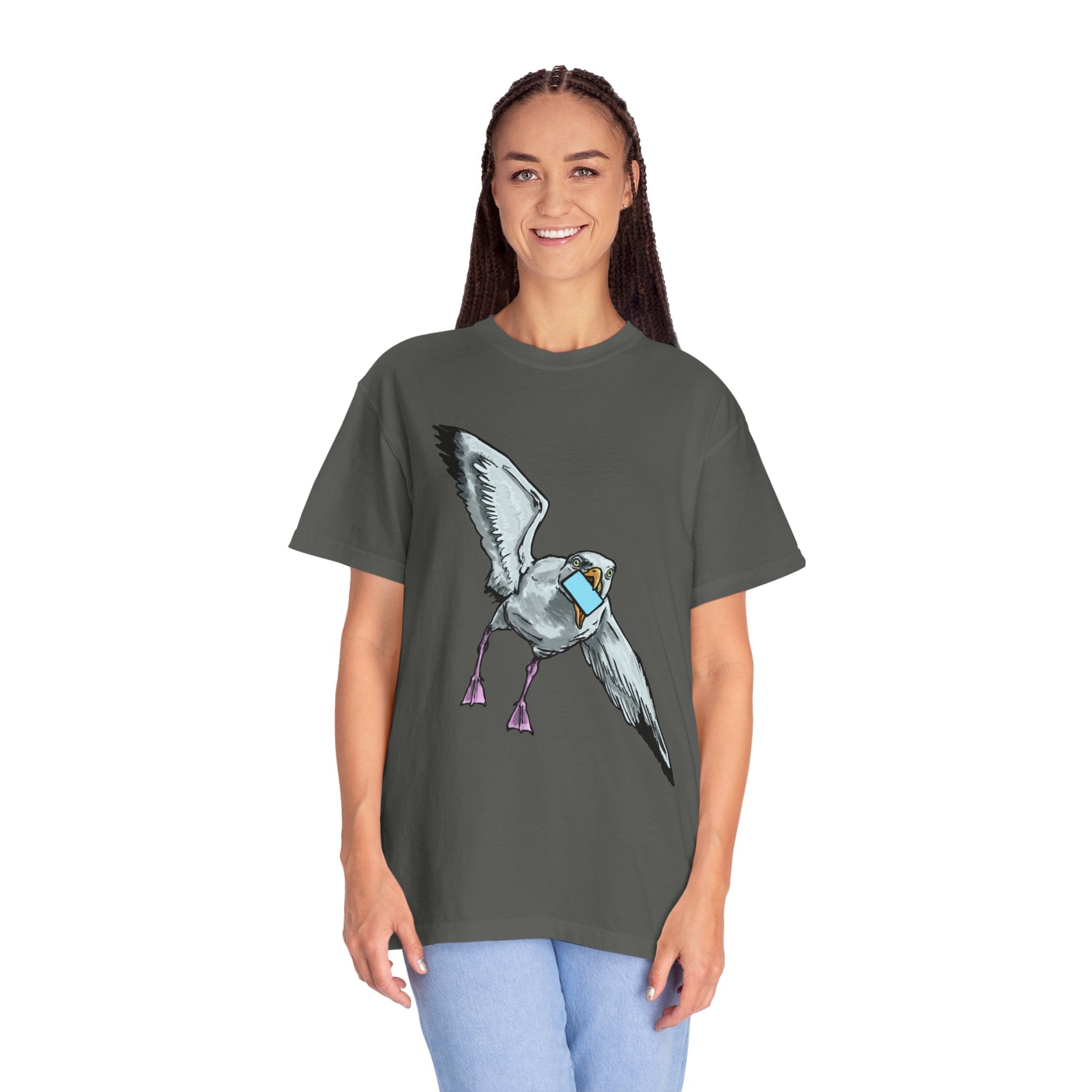 Hand-drawn pizza-stealing seagull monster t-shirt, outstretched wings and purple legs on tee from PizzaBytes collection