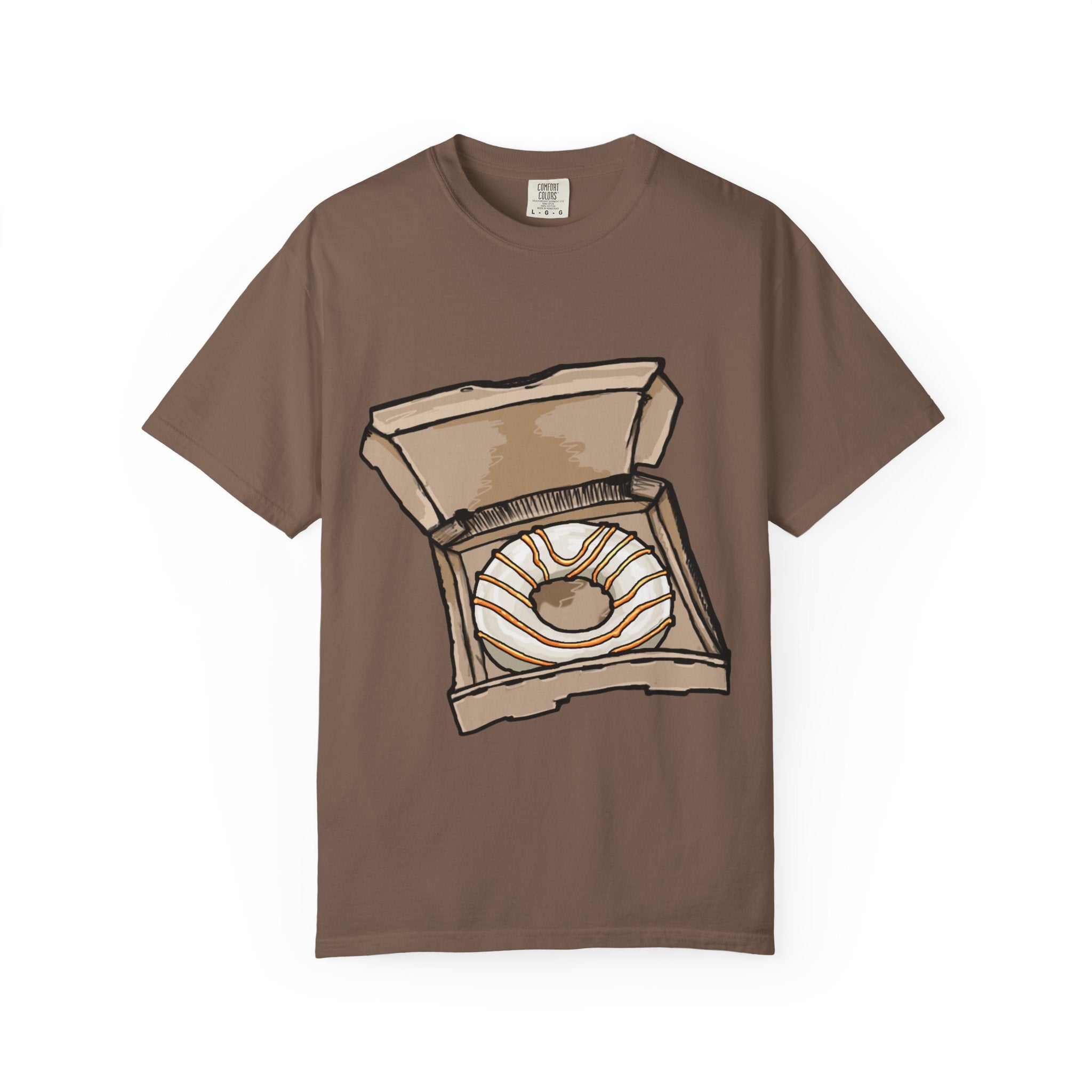 Hand-drawn donut pizza box t-shirt showing open pizza box with white-iced donut and orange drizzle from PizzaBytes collection

