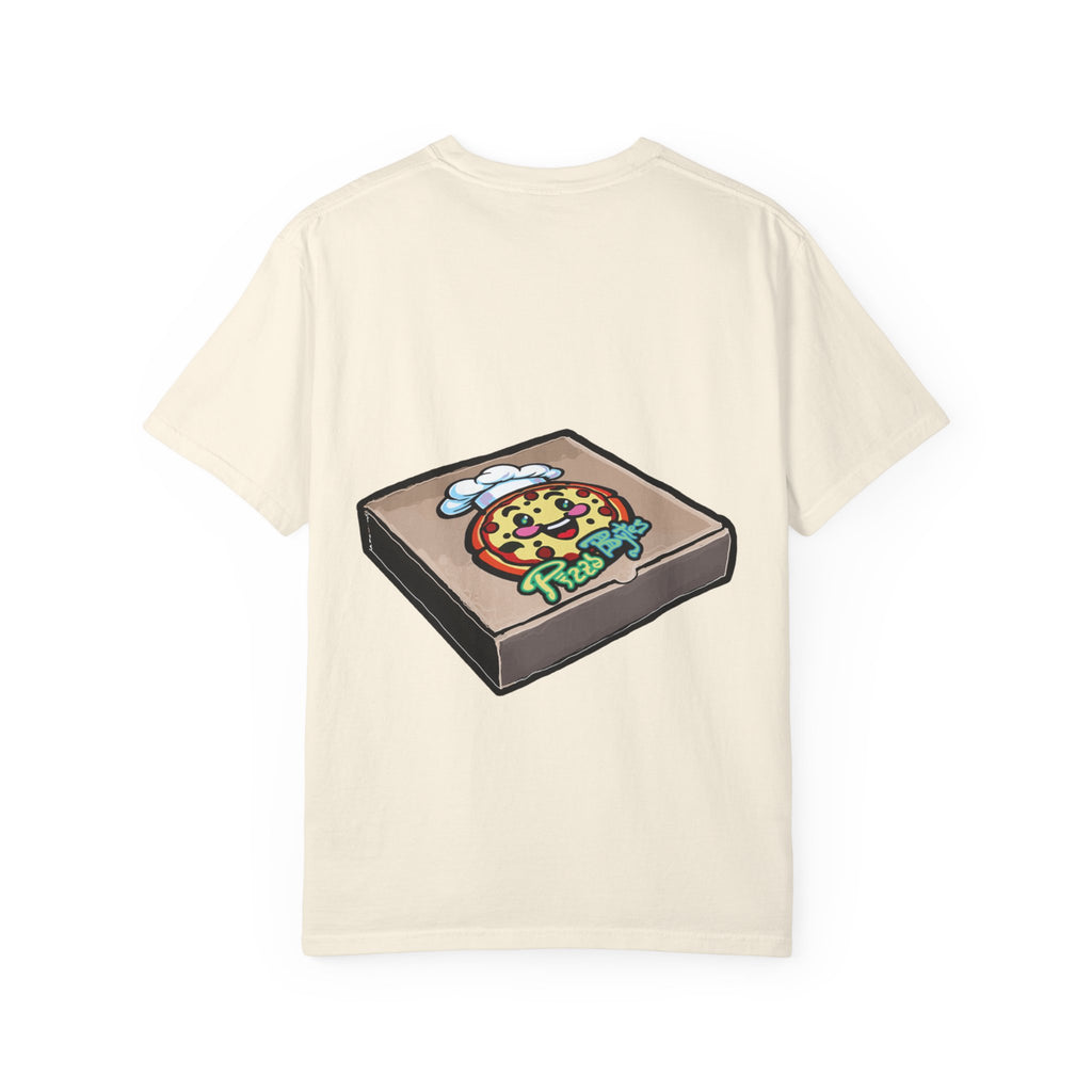Hand-drawn pepperoni and bullets pizza box t-shirt showing open pizza box with pepperoni pizza surrounded by bullets from PizzaBytes collection

