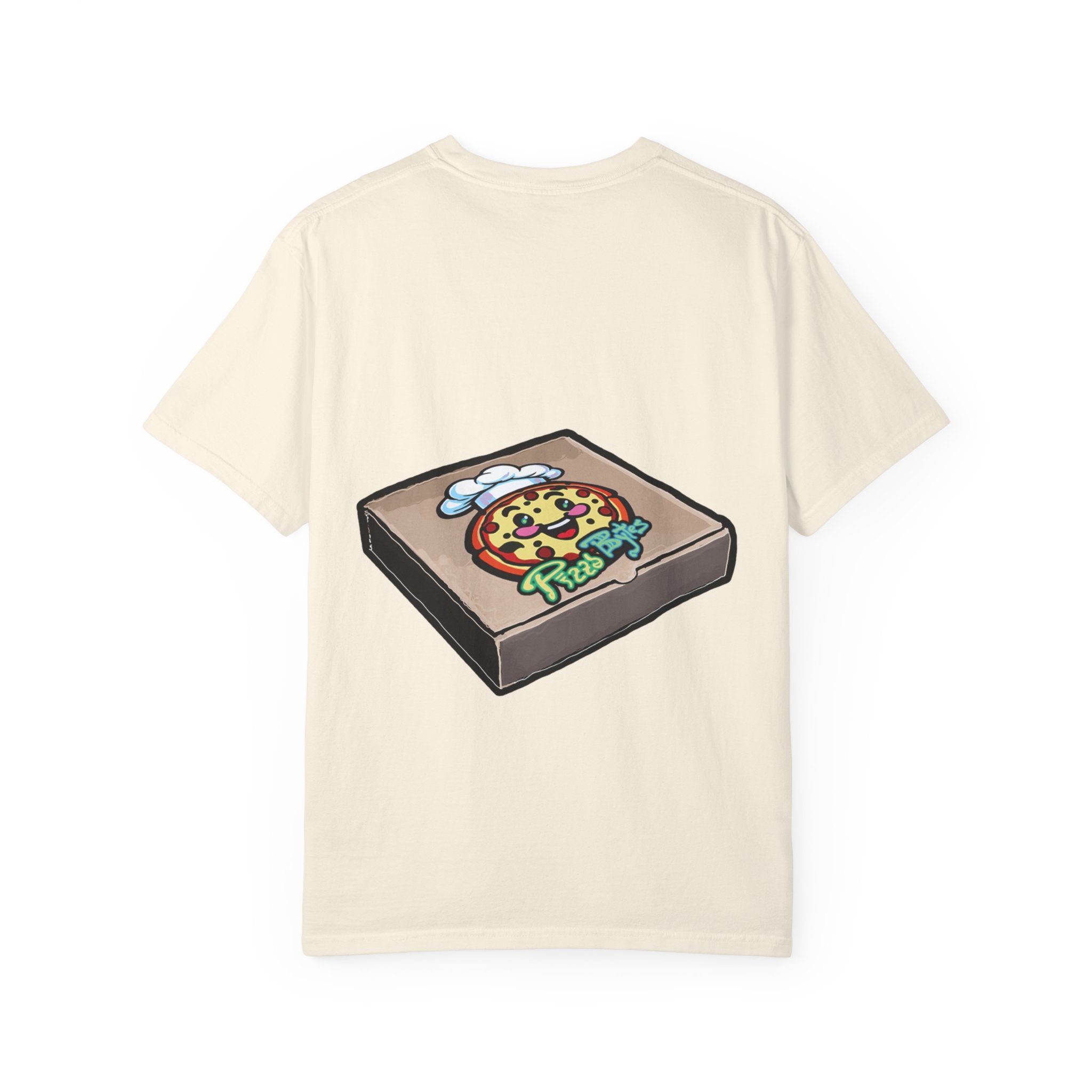 Hand-drawn pepperoni and bullets pizza box t-shirt showing open pizza box with pepperoni pizza surrounded by bullets from PizzaBytes collection


