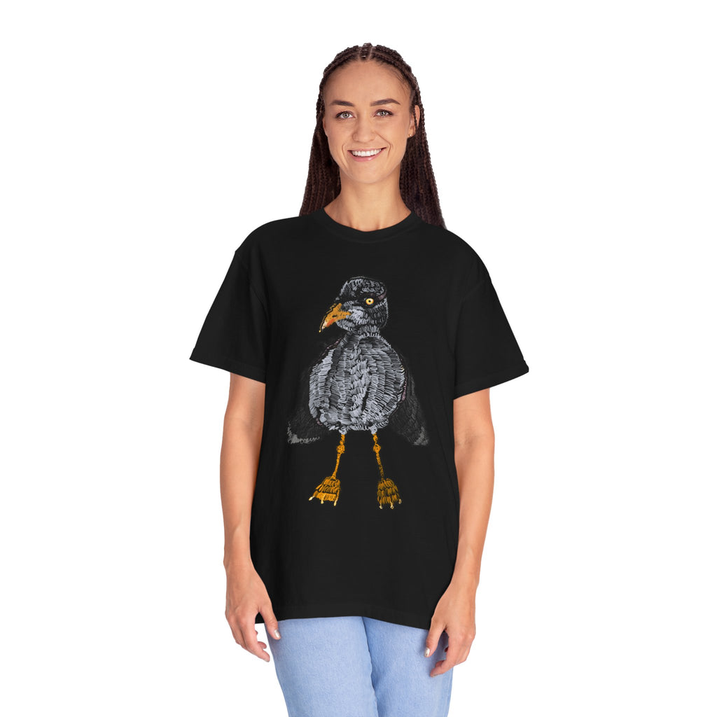 Hand-drawn crocheted staring seagull t-shirt with textured feathers, intense yellow eye and orange legs on Comfort Colors tee from PizzaBytes collection
