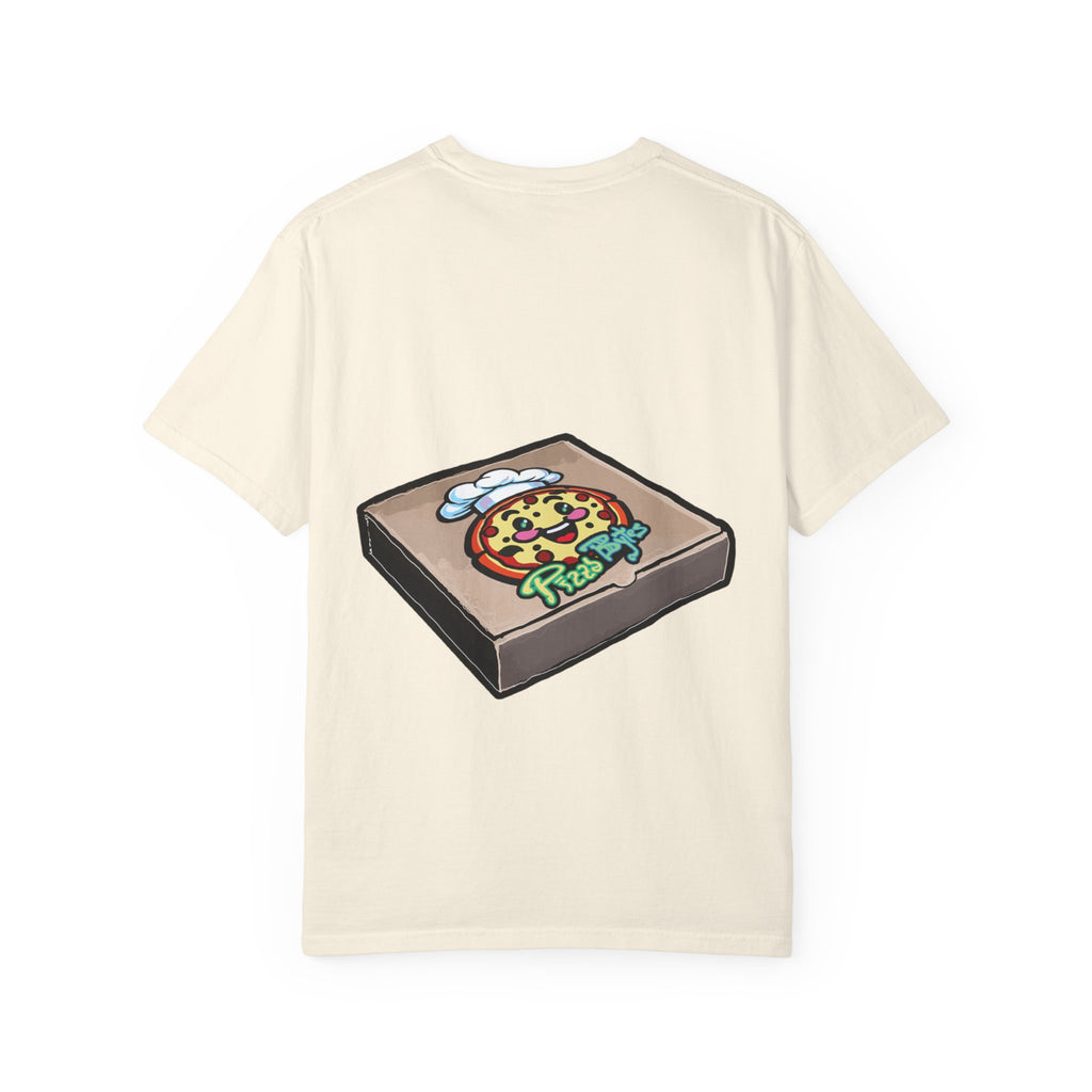 Hand-drawn brain pizza box t-shirt showing open pizza box with a detailed human brain pizza from PizzaBytes collection

