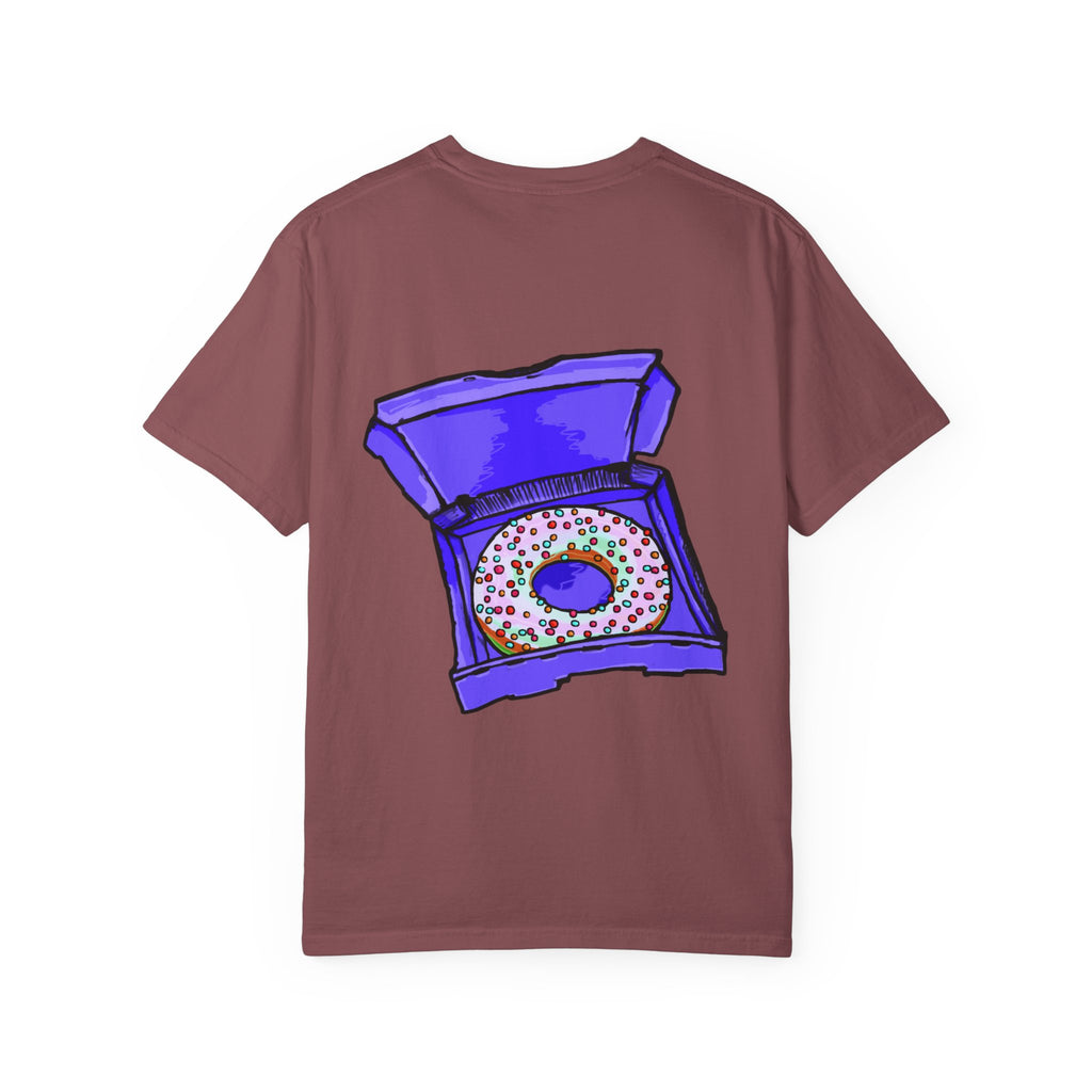 Freaky Features Brian t-shirt, front shows purple brain monster with tentacles, back shows open purple pizza box with a donut inside