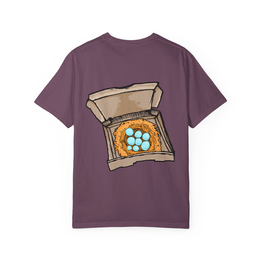 Freaky Features HorrorBird t-shirt, front shows deranged rooster head with long tongue, back shows open pizza box with bird nest and blue eggs
