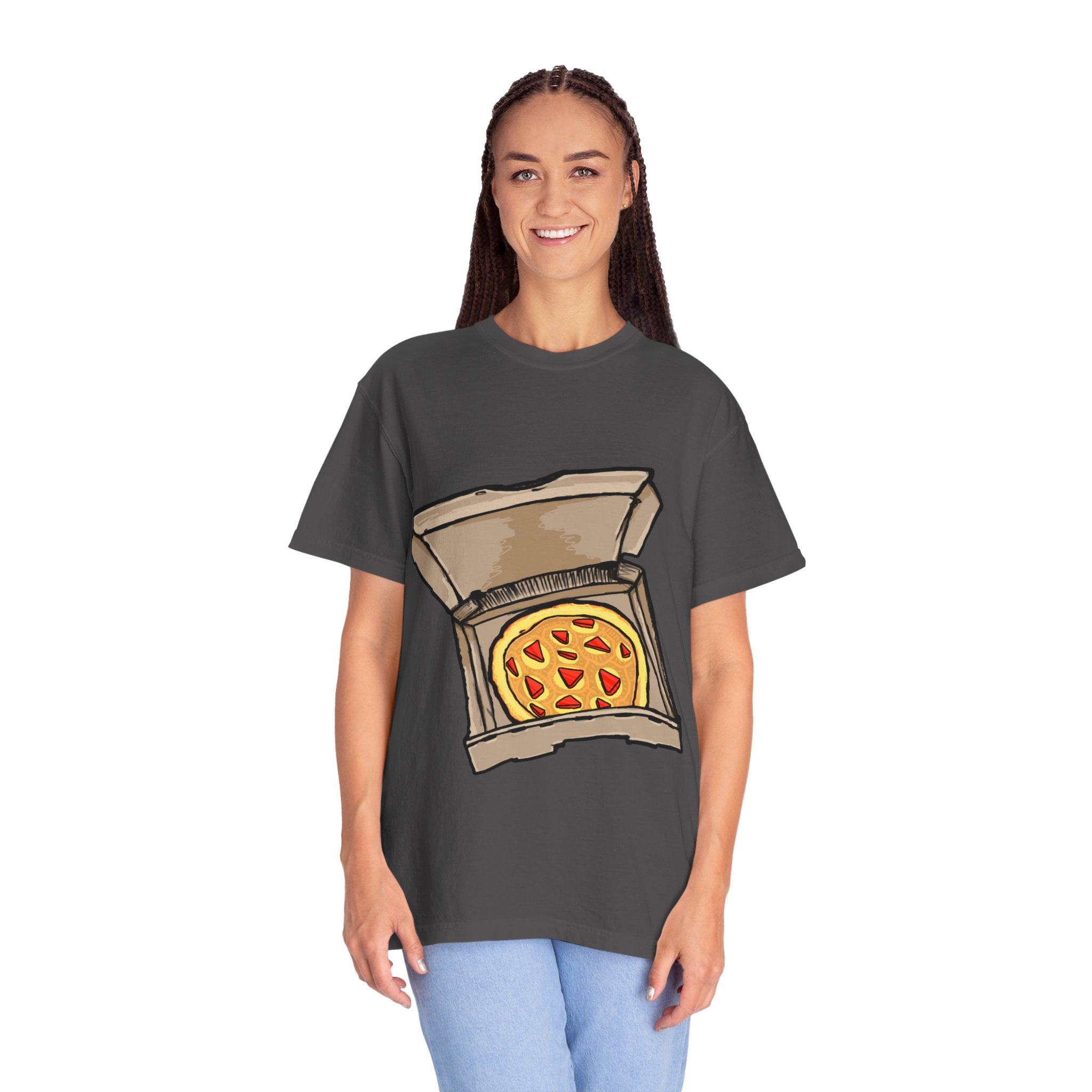 Hand-drawn gold pizza box t-shirt showing open pizza box with gold pizza and red diamond toppings from PizzaBytes collection

