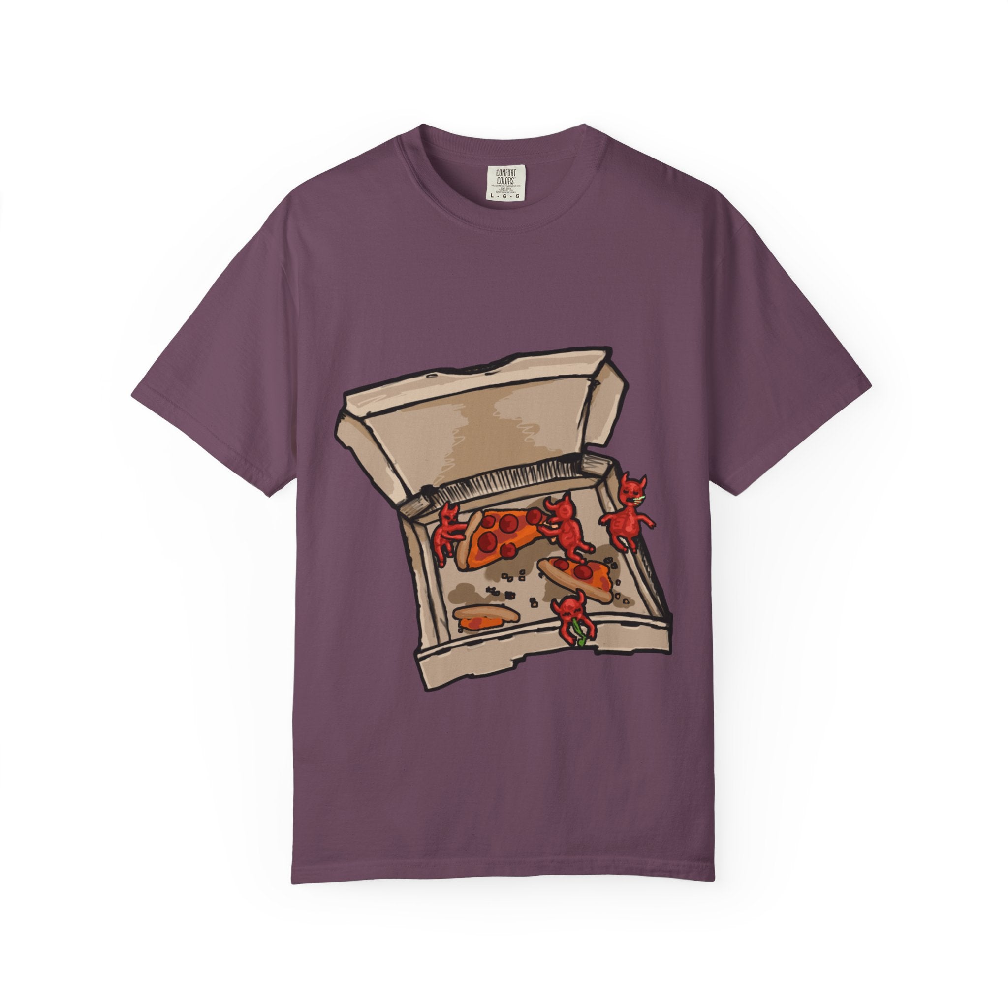 Hand-drawn little devils pizza box t-shirt showing open pizza box with cute red devils eating and stealing pepperoni pizza slices from PizzaBytes collection

