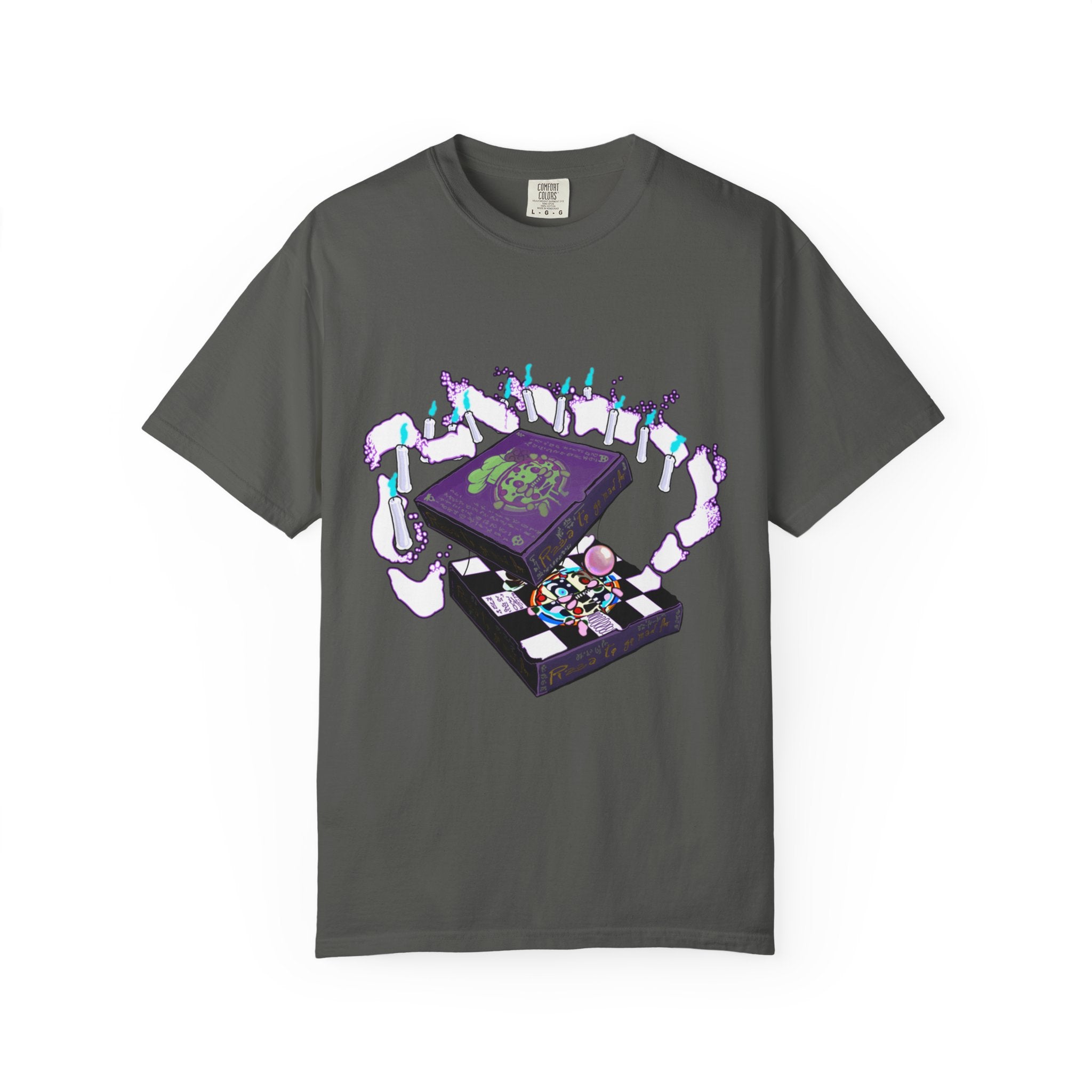 Pizzabytes Mystic Pizza T-shirt, Front, gray, pizzabox, pizza delivery, pizza, mystic, undead, horror