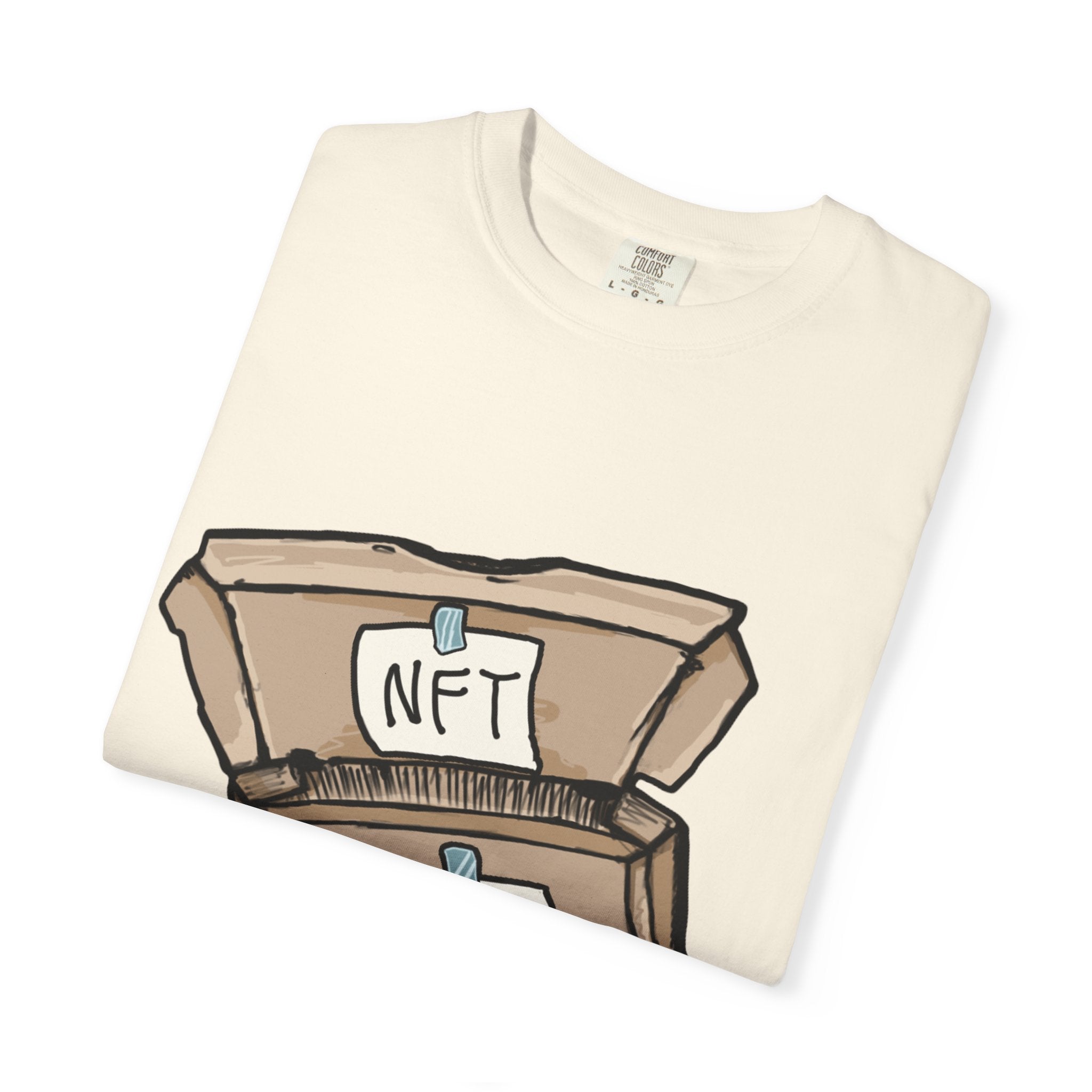 Hand-drawn NFT pizza box t-shirt showing open pizza box with NFT note and #PB pizza drawing from PizzaBytes collection

