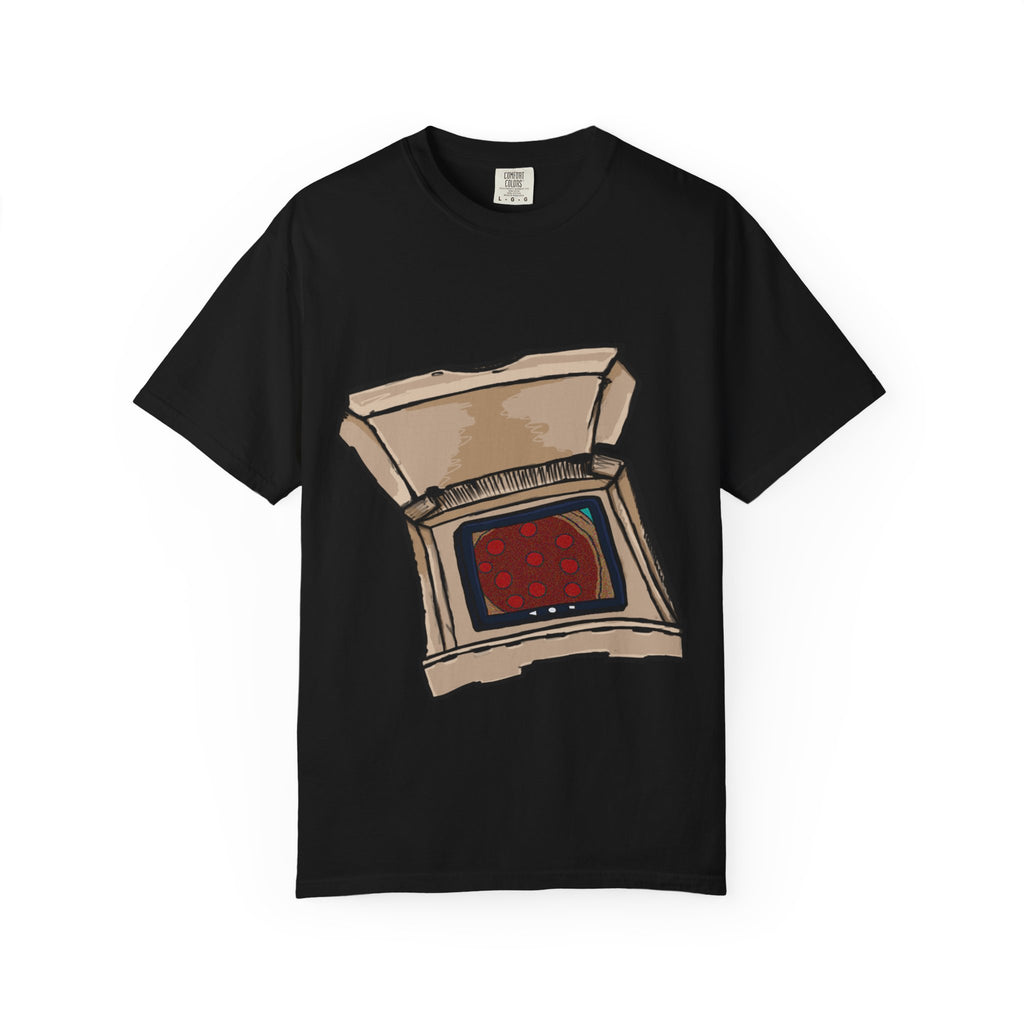 Hand-drawn TV pizza box t-shirt showing open pizza box turned into a retro television with pepperoni pizza on the screen from PizzaBytes collection

